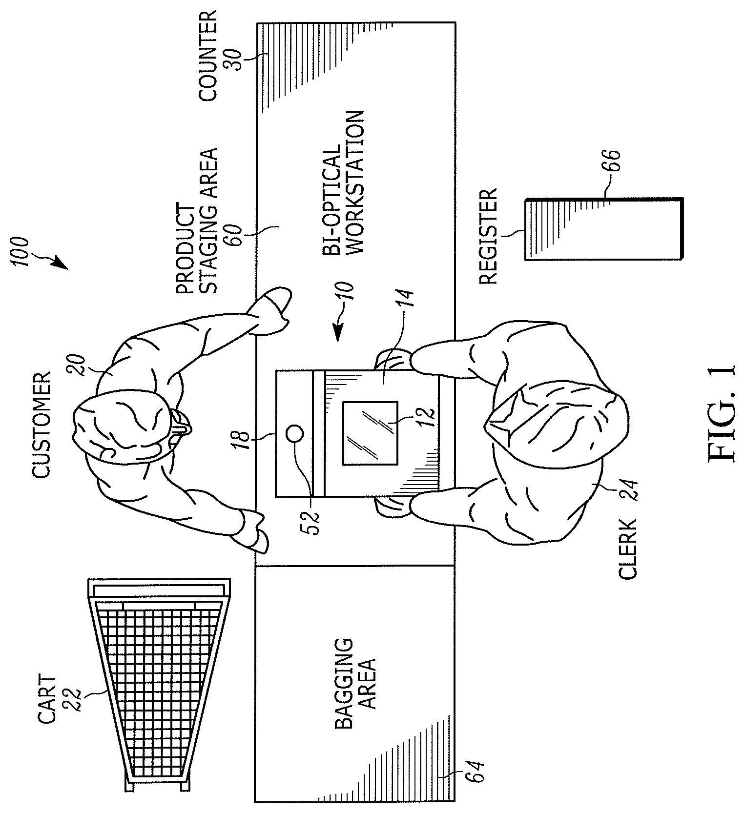 Patent US11783681 — Bioptical barcode reader — Figure 1