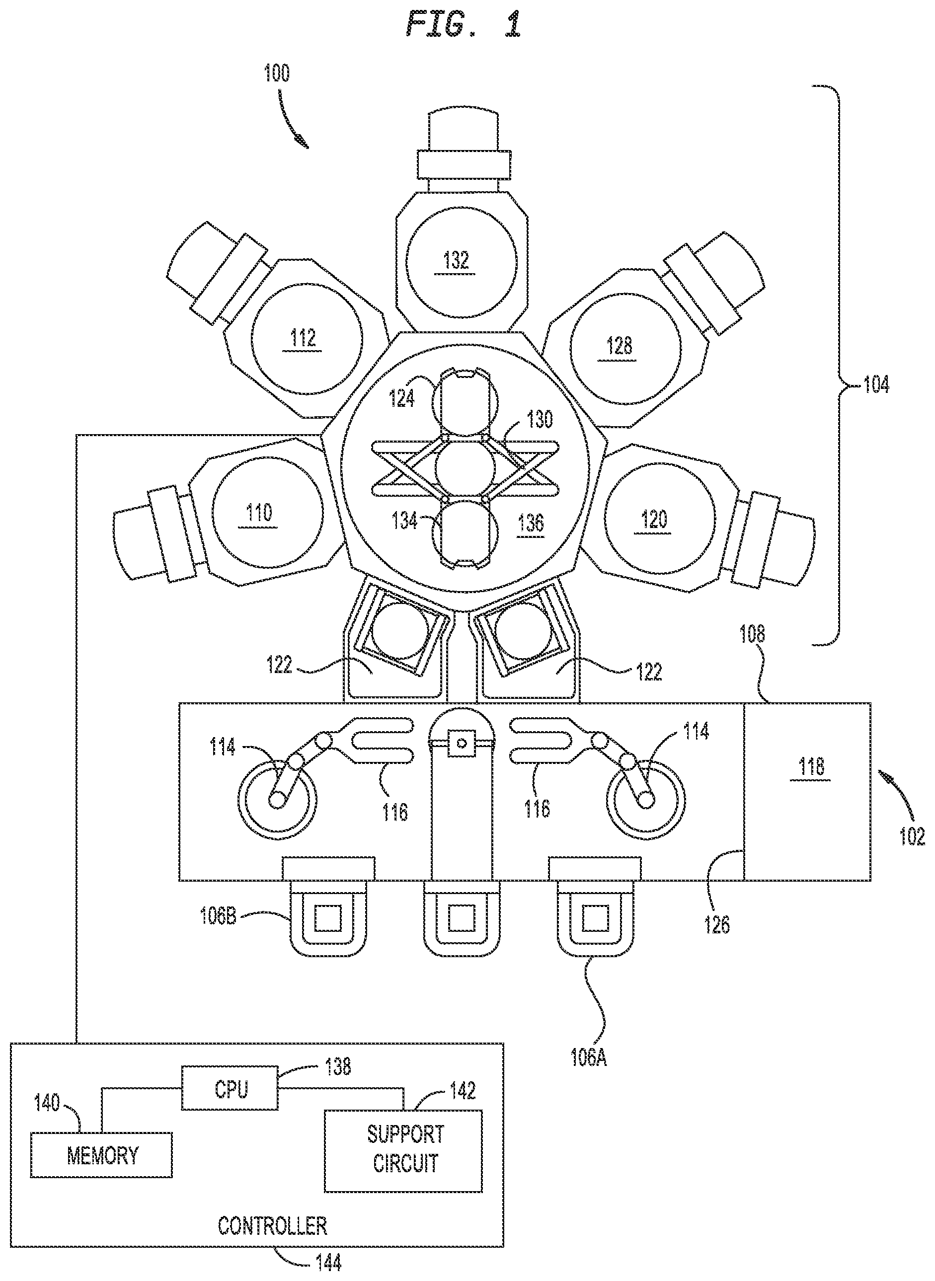 Patent US11784076 — Substrate transfer mechanism to reduce back-side substrate contact — Figure 1