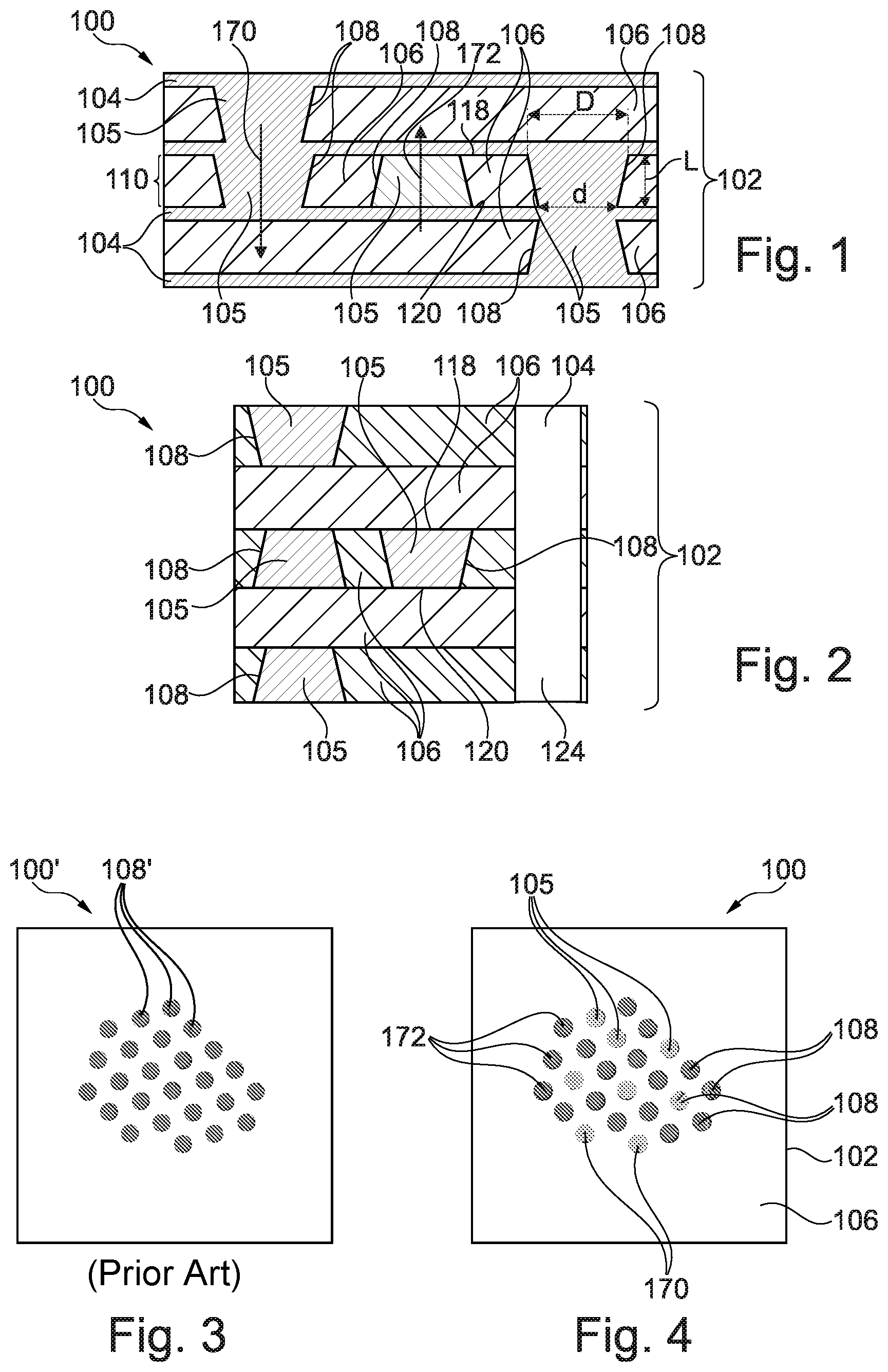 Patent US11784115 Figure 1 – Component carrier having dielectric layer with conductively filled through holes tapering in opposite directions