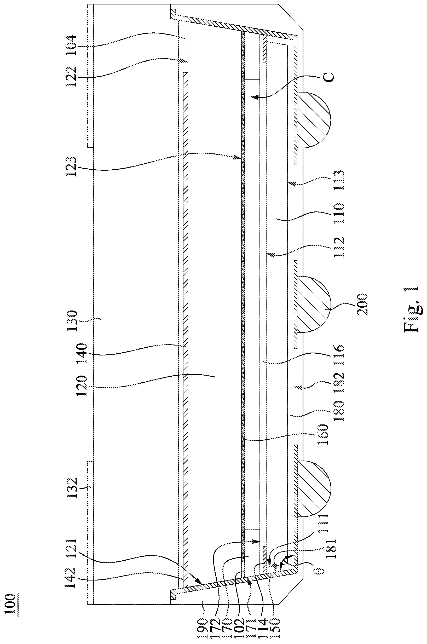 Patent US11784134 — Chip package and manufacturing method thereof — Figure 1