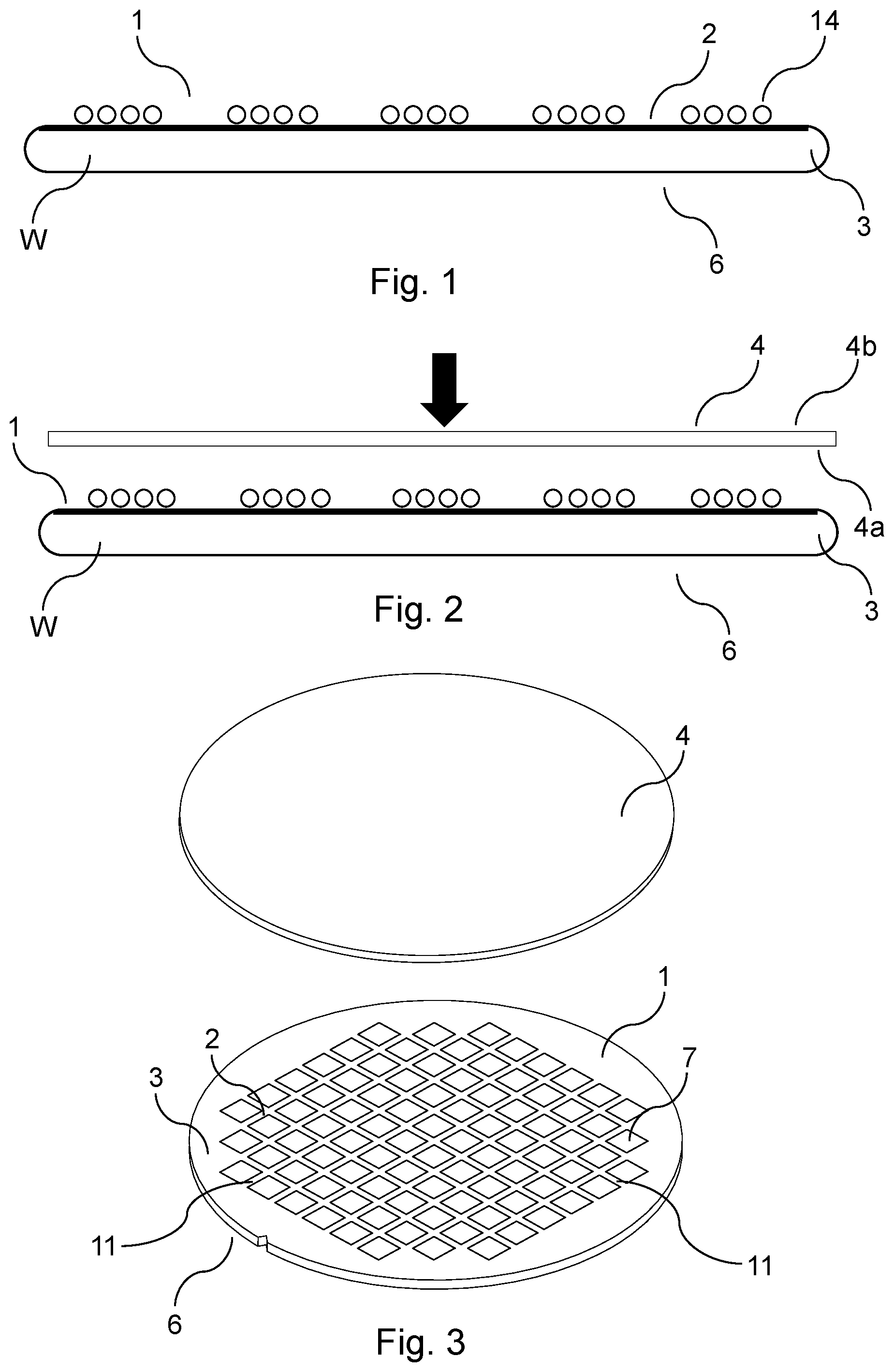 Patent US11784138 — Wafer processing with a protective film and peripheral adhesive — Figure 1