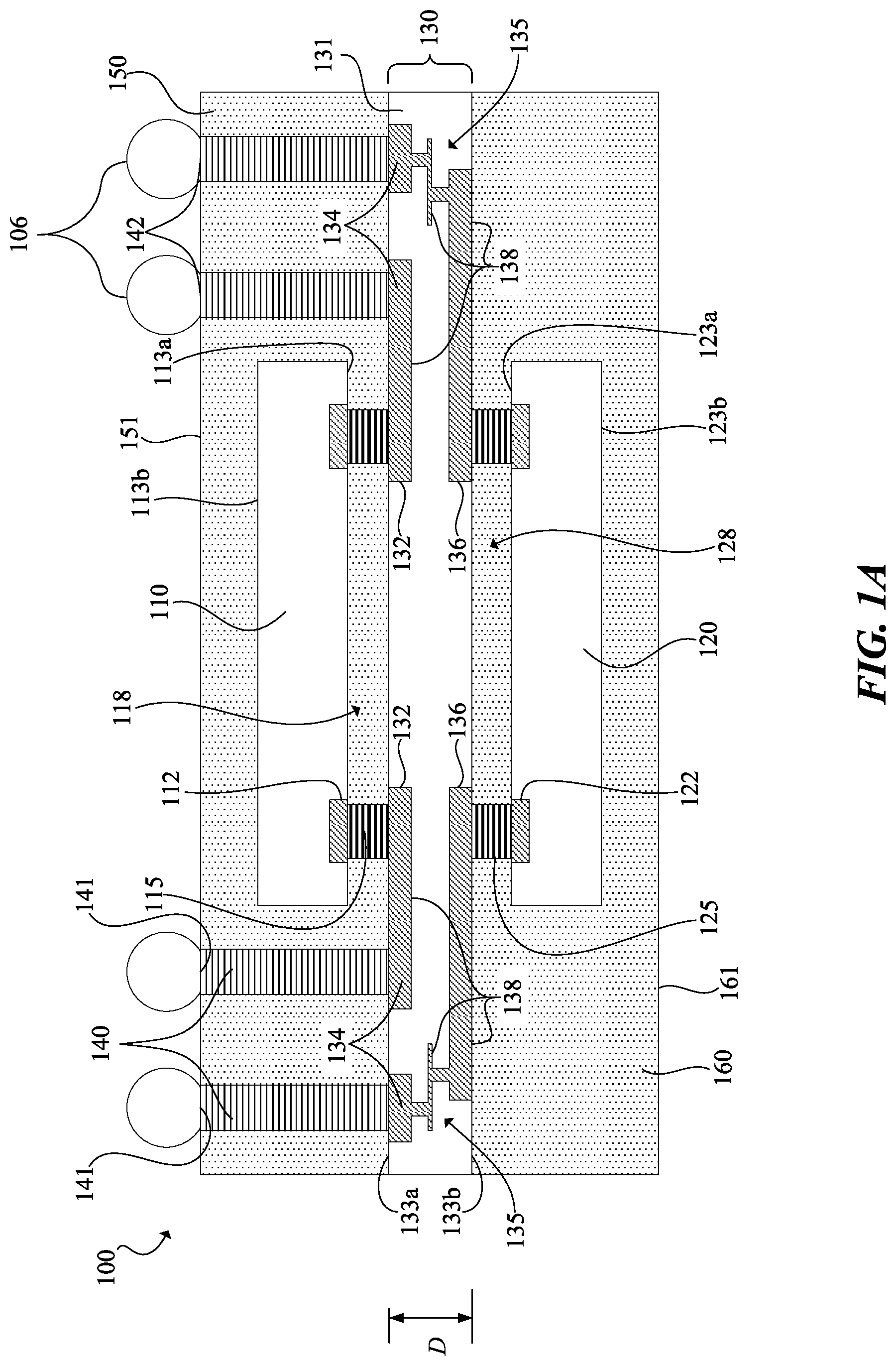 Patent US11784166 Figure 1 – Dual sided fan-out package having low warpage across all temperatures