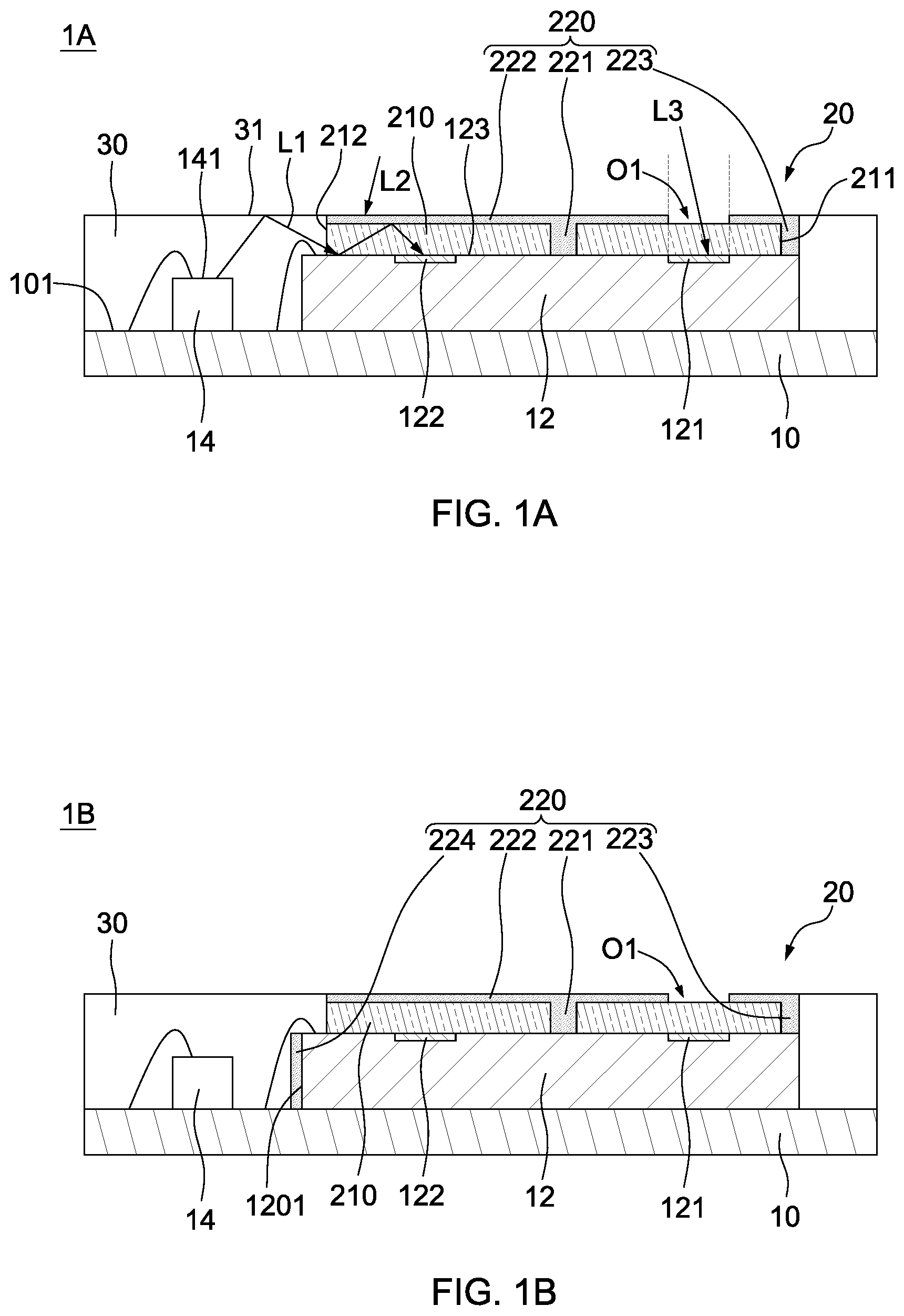 Patent US11784174 — Optical package structure and method for manufacturing the same — Figure 1