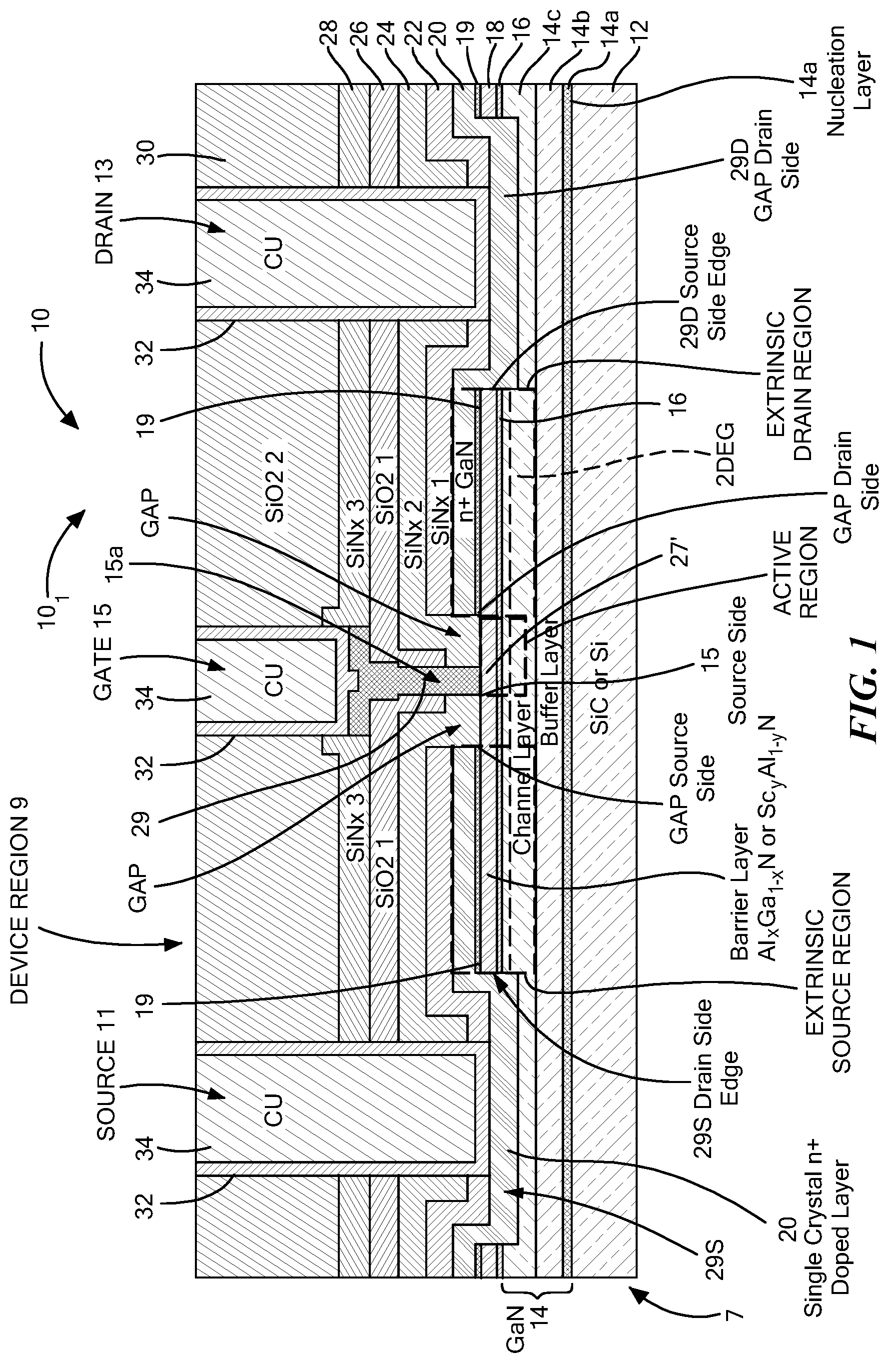 Patent US11784248 — Group III-V semiconductor structures having crystalline regrowth layers and methods for forming such structures — Figure 1