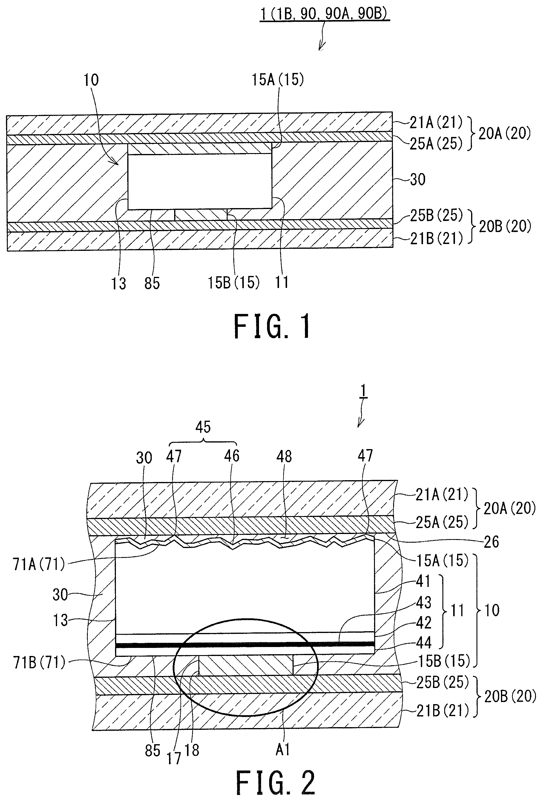Patent US11784290 — Light-emitting device with improved flexural resistance and electrical connection between layers, production method therefor, and device using light-emitting device — Figure 1