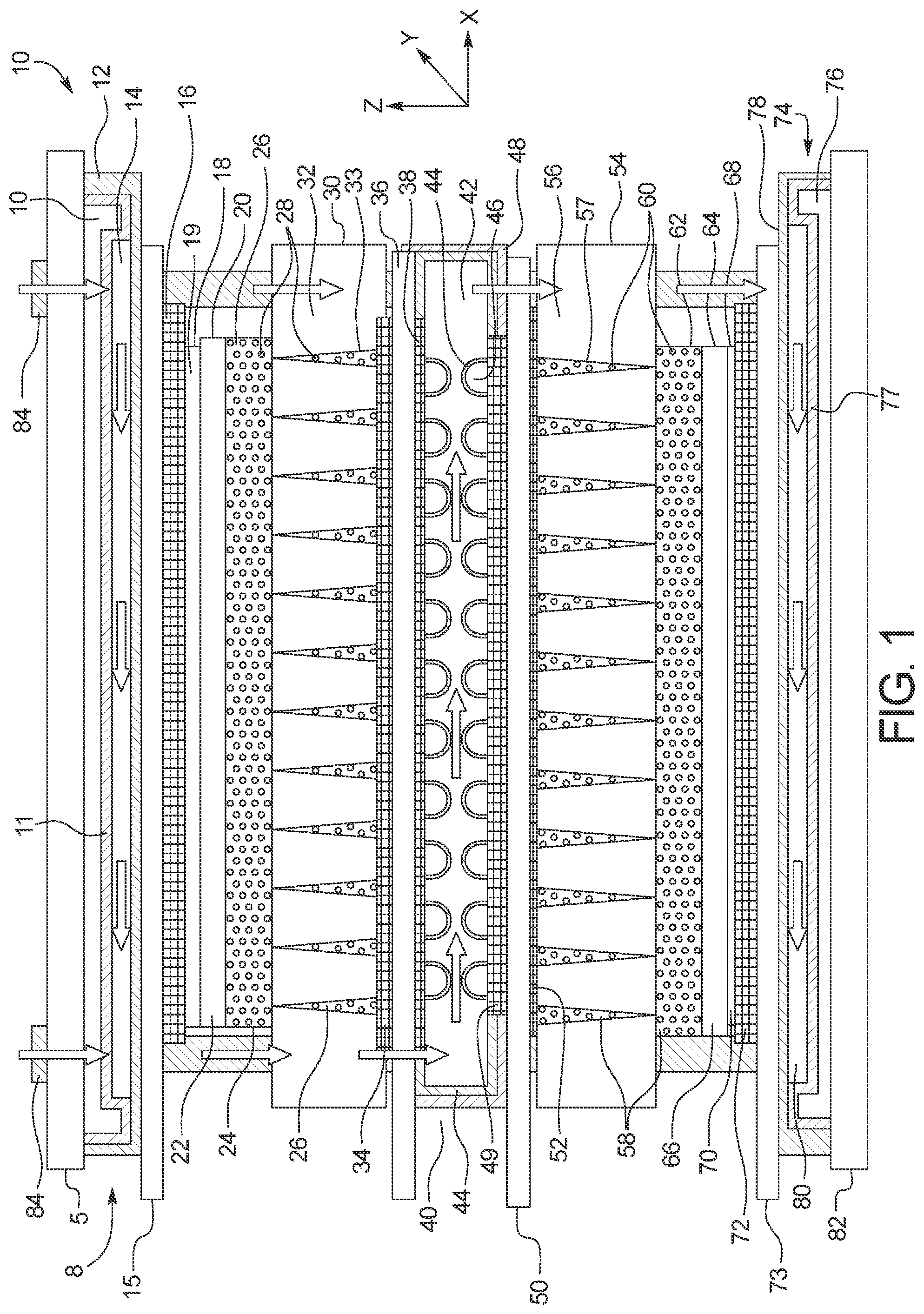 Patent US11784325 — Frameless fuel cell stack having hollow fasteners — Figure 1