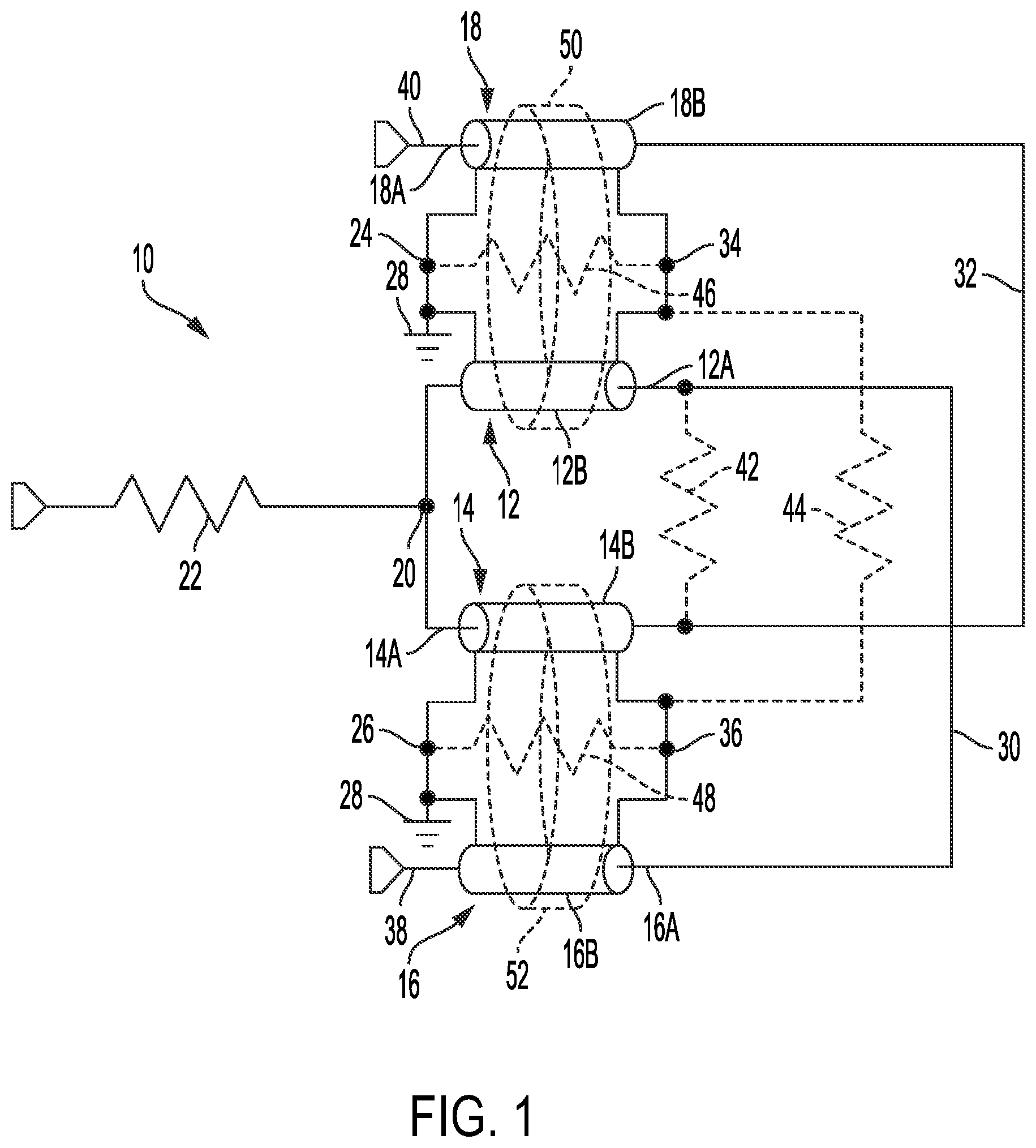 Patent US11784382 Figure 1 – Two-way splitter with crossover