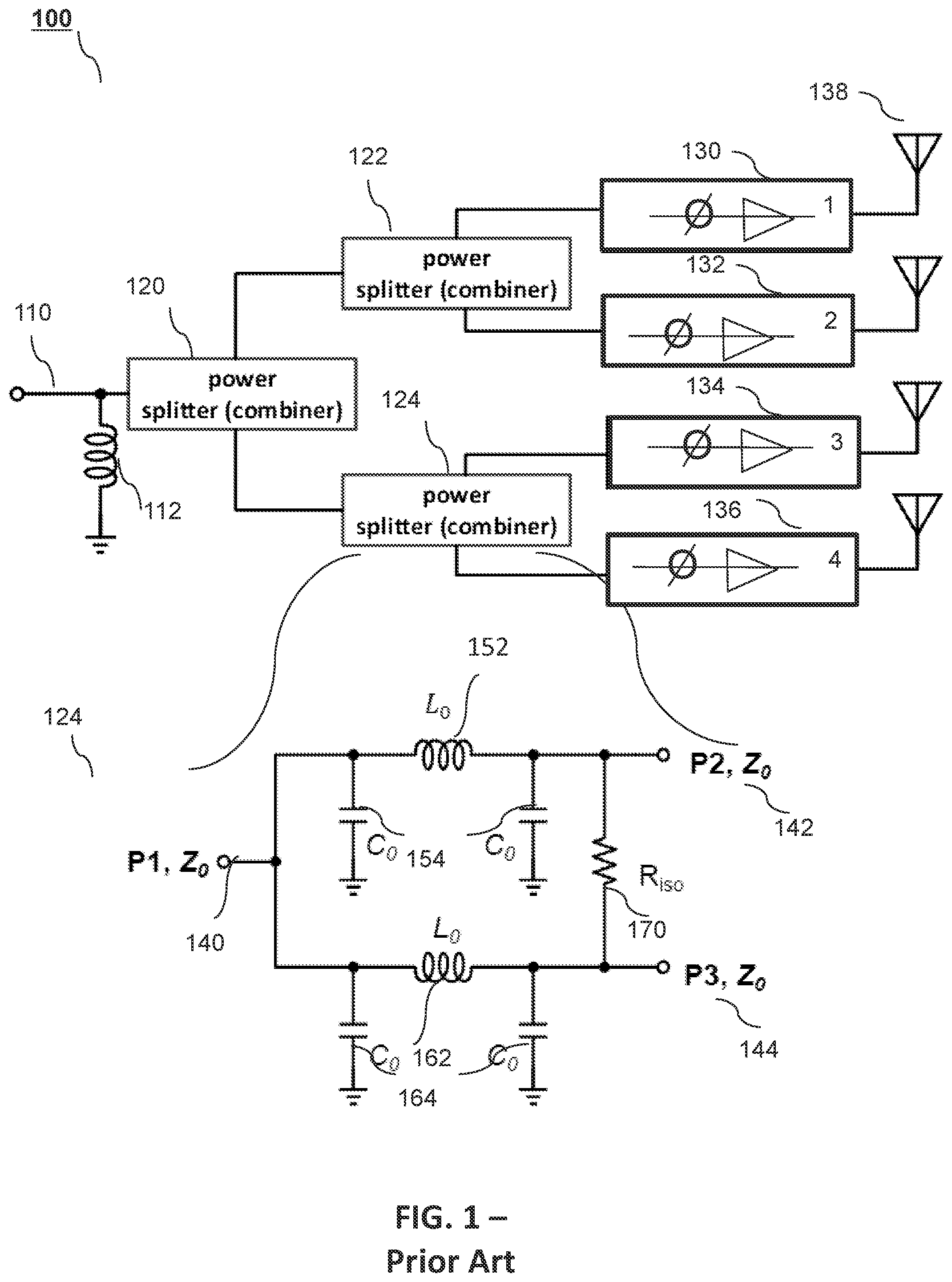 Patent US11784385 — Wilkinson power combiner, communication unit and method therefor — Figure 1