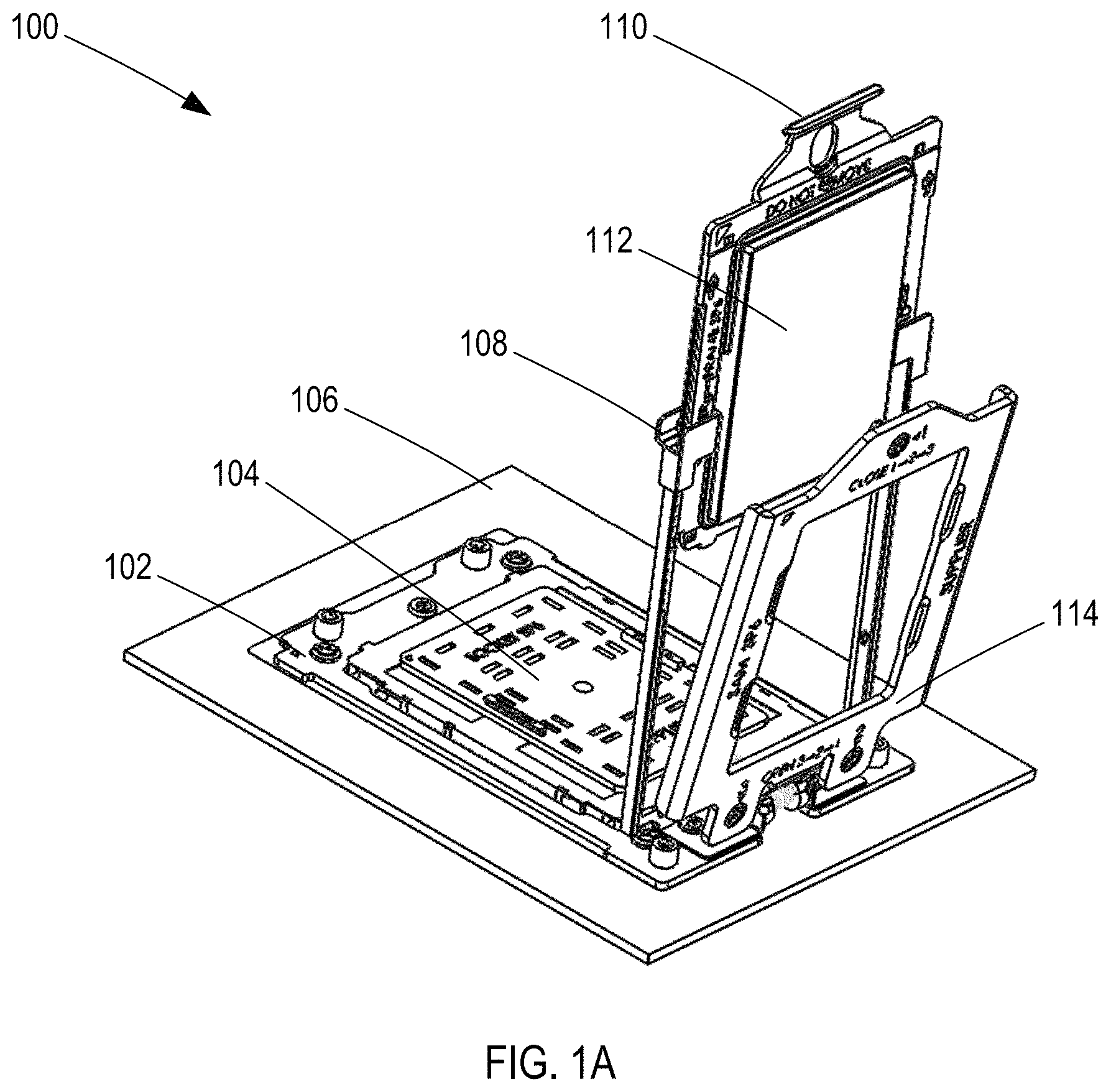 Patent US11784427 Figure 1 – Socket actuation mechanism for package insertion and package-socket alignment