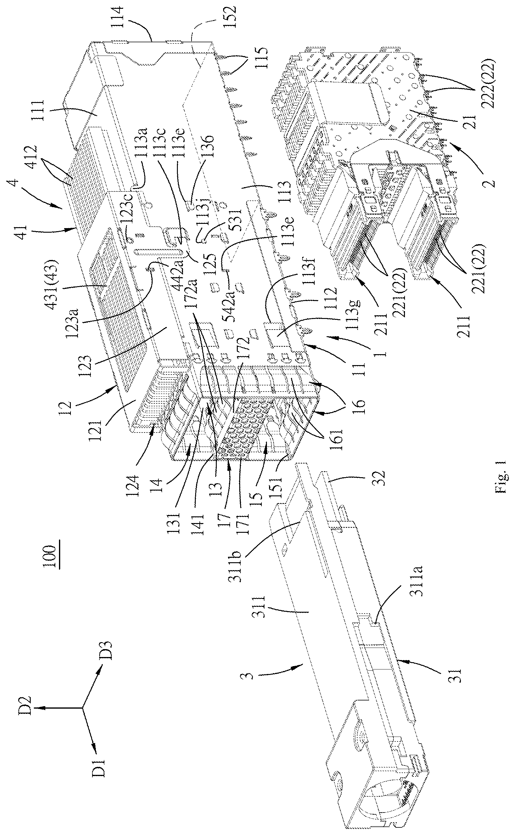Patent US11784434 — Connector assembly with movable heat sink — Figure 1