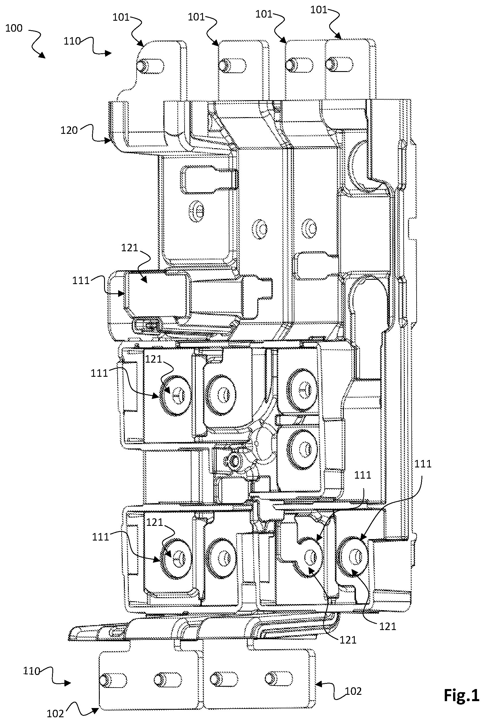 Patent US11784443 Figure 1 – Multifunctional carrier and high voltage contactor for a battery system of an electric vehicle
