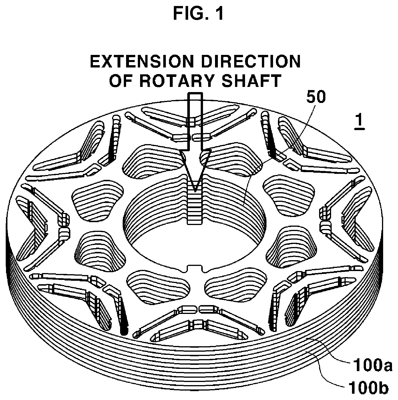 Patent US11784519 — Rotor having fixing protrusions provided asymmetrically based on shaft key — Figure 1