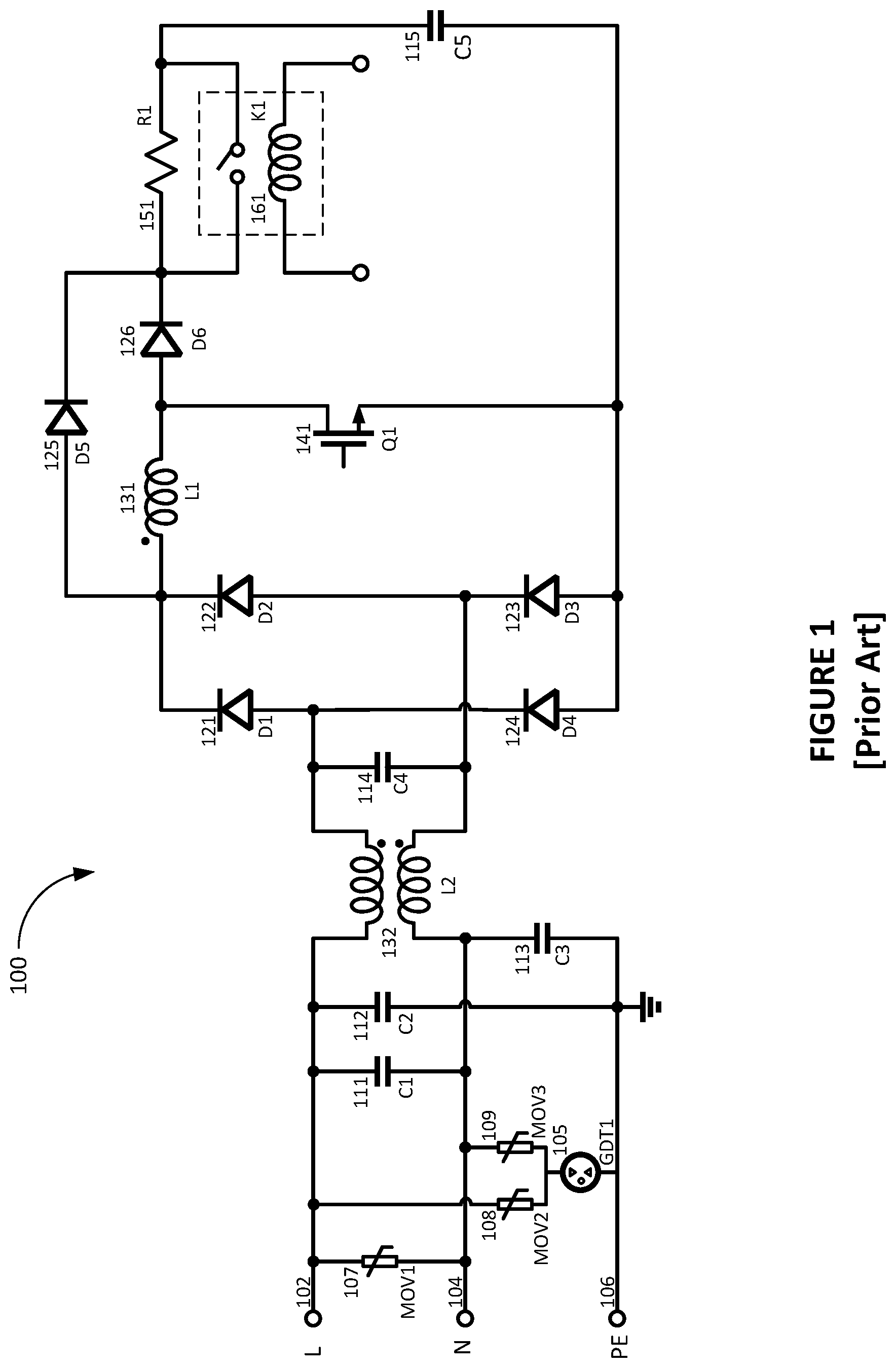 Patent US11784556 Figure 1 – Inrush current limiting and surge protection circuit and system