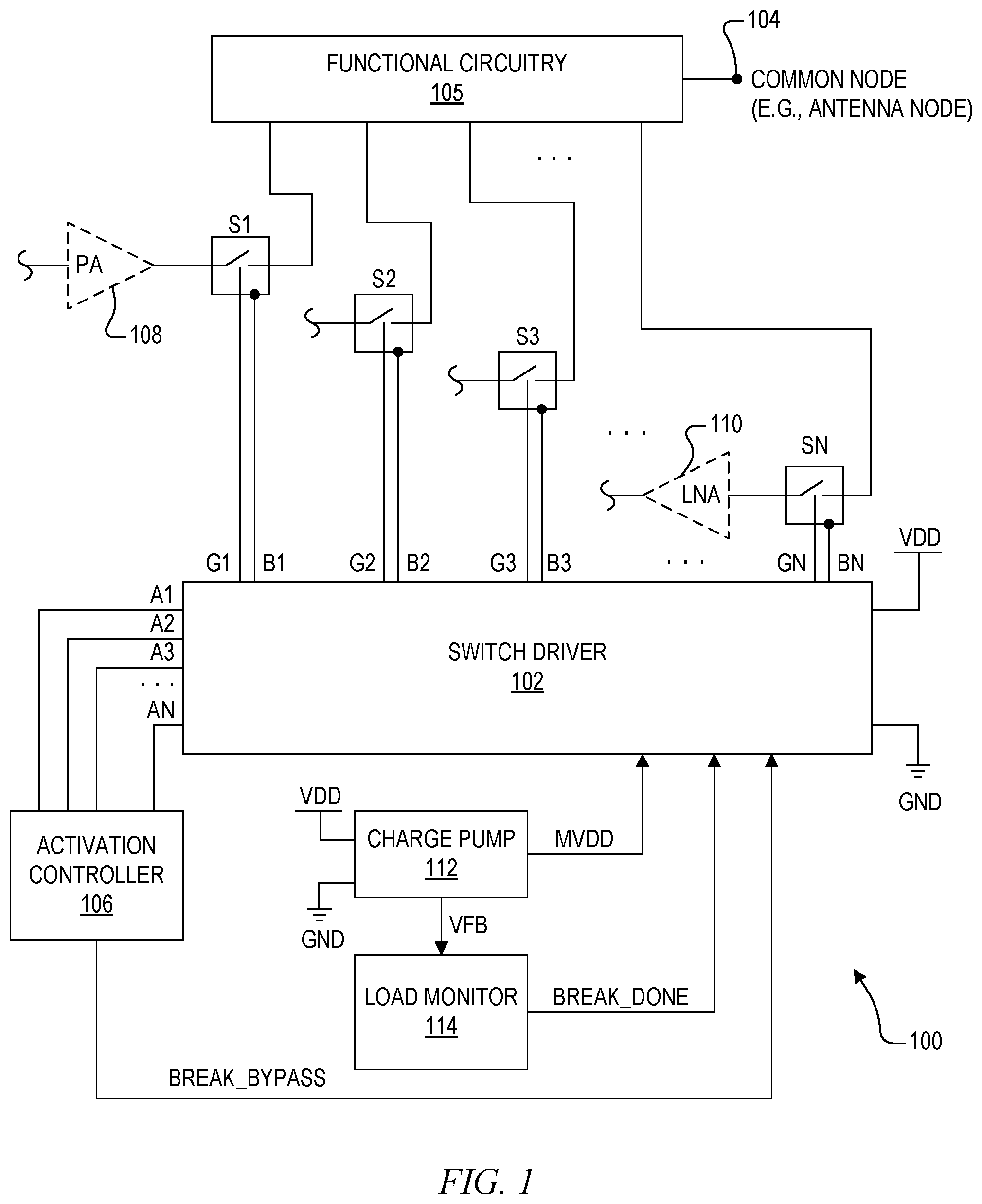 Patent US11784562 — Switch activation system with fast recovery negative voltage charge pump and charge pump load monitoring — Figure 1