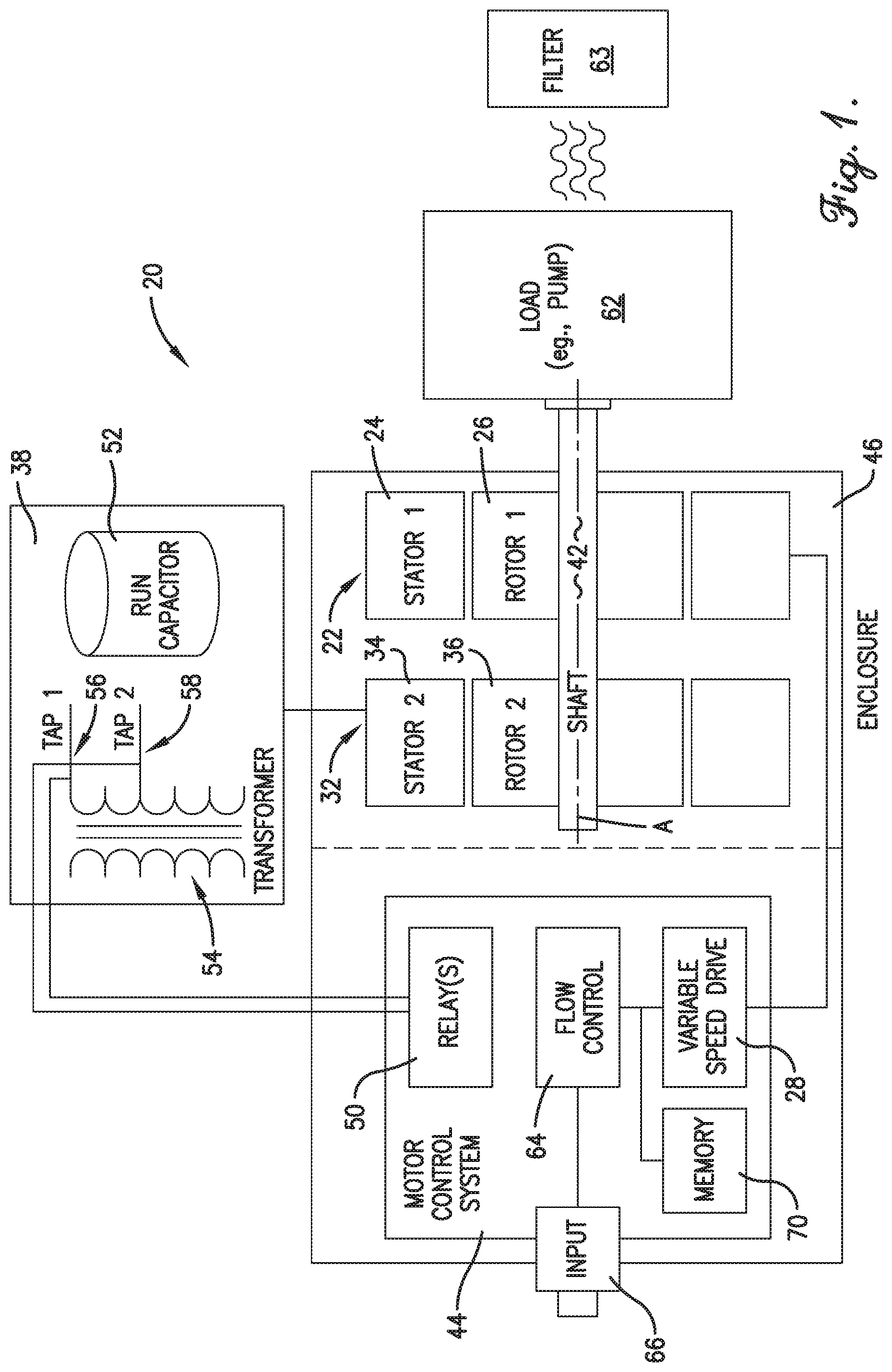 Patent US11784591 Figure 1 – Dual motor system with flow control
