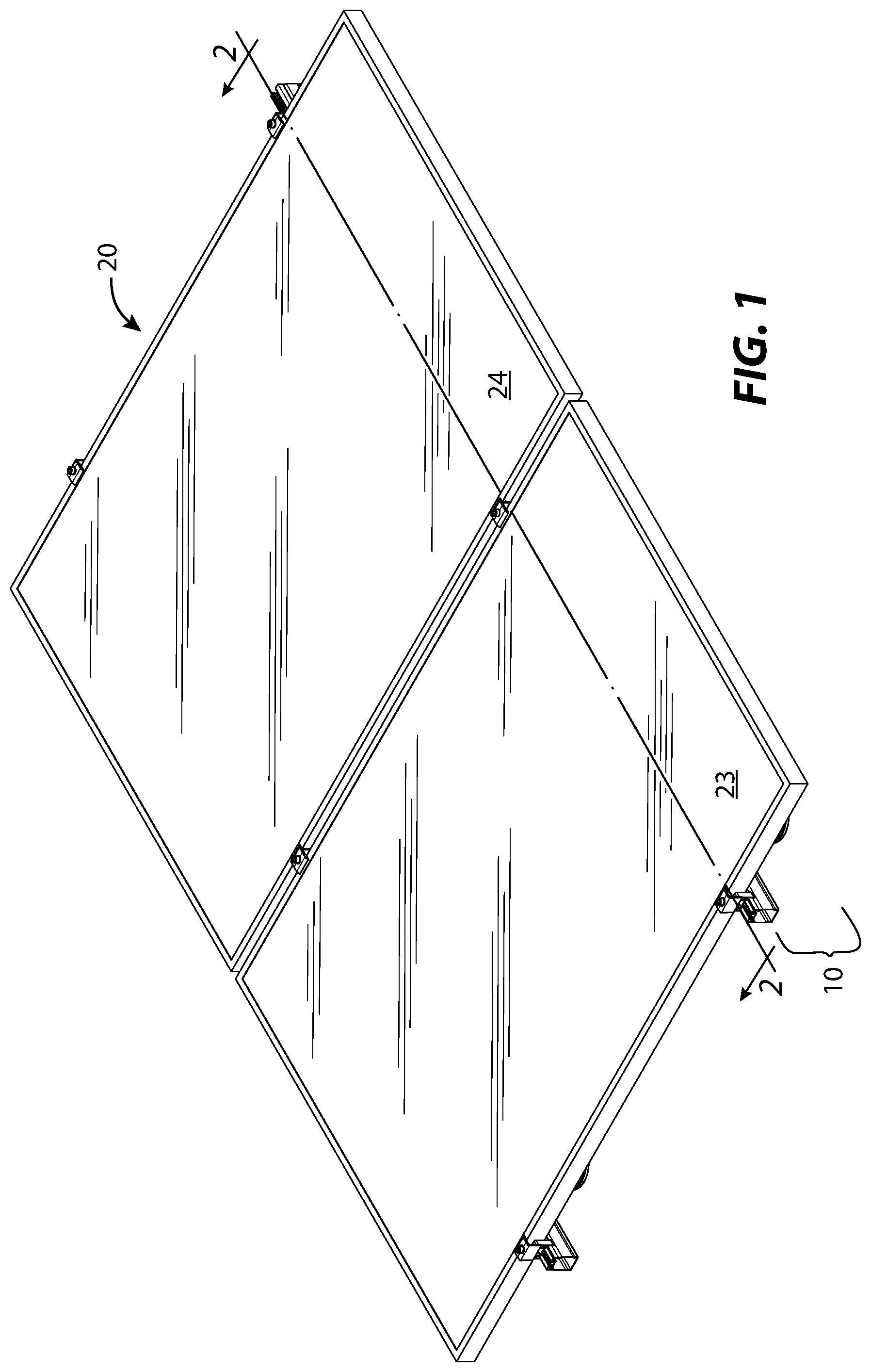 Patent US11784607 — Solar panel racking system and devices for the same — Figure 1