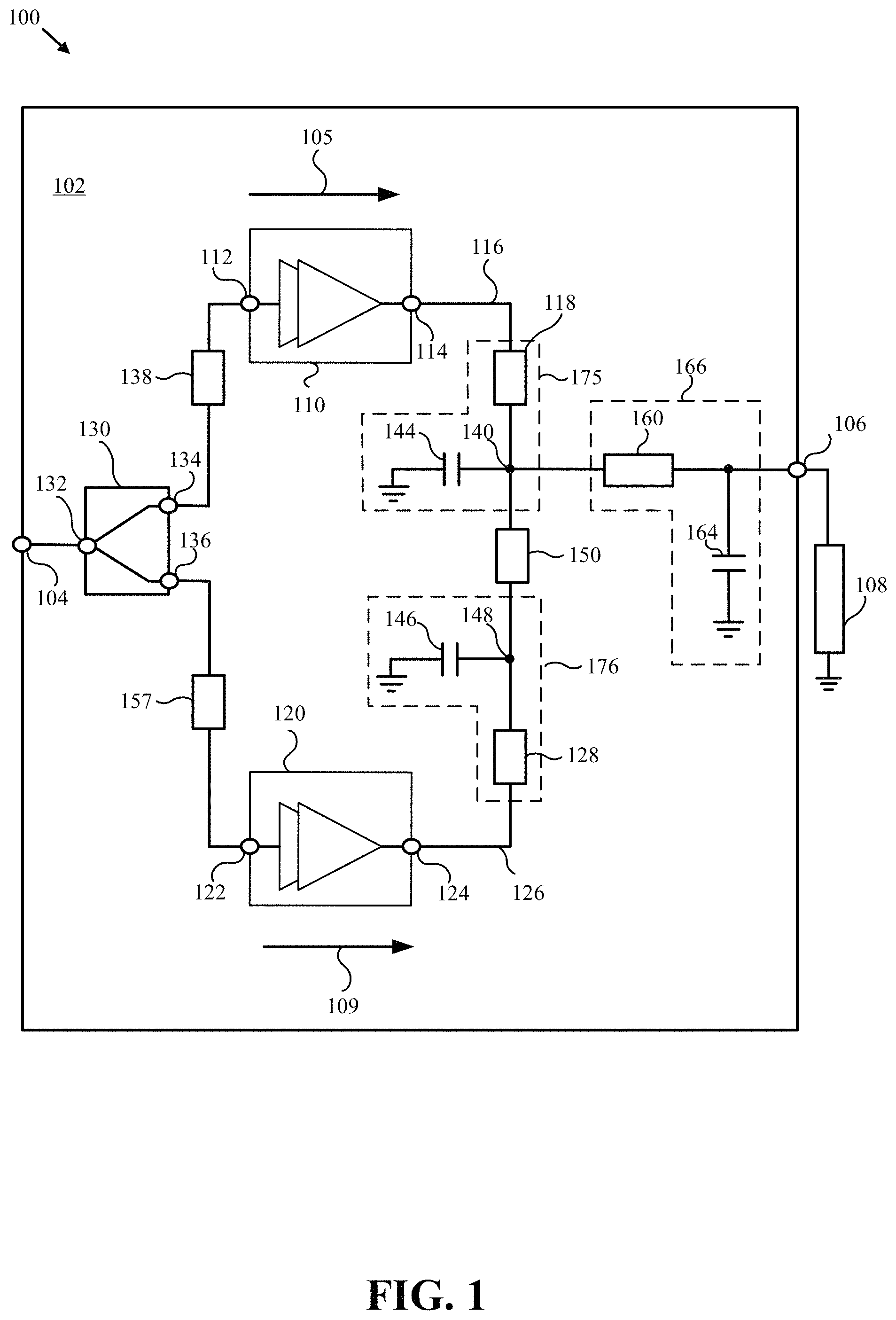 Patent US11784610 Figure 1 – Doherty amplifier module with compact wideband impedance inverter