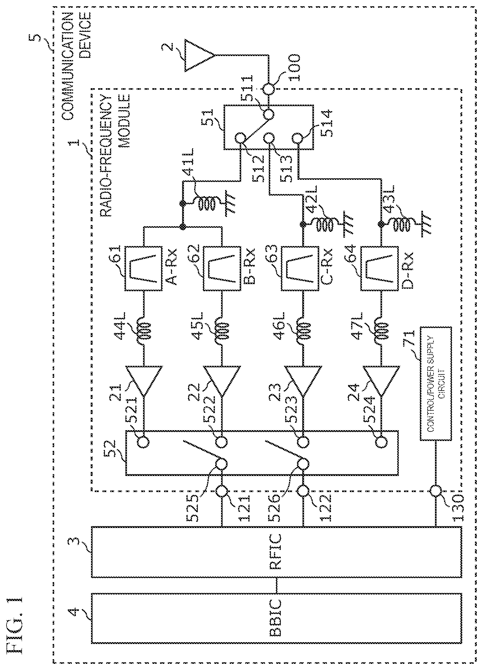 Patent US11784669 — Radio-frequency module and a communication device that can suppress degradation of characteristics of electrical circuits formed at an integrated circuit — Figure 1