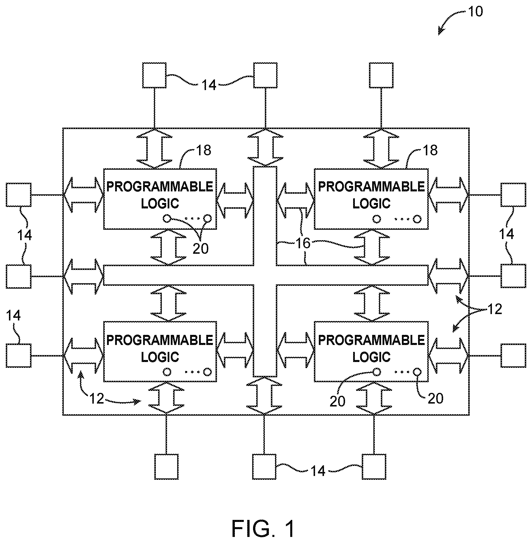 Patent US11784794 — Active interposer for localized programmable integrated circuit reconfiguration — Figure 1