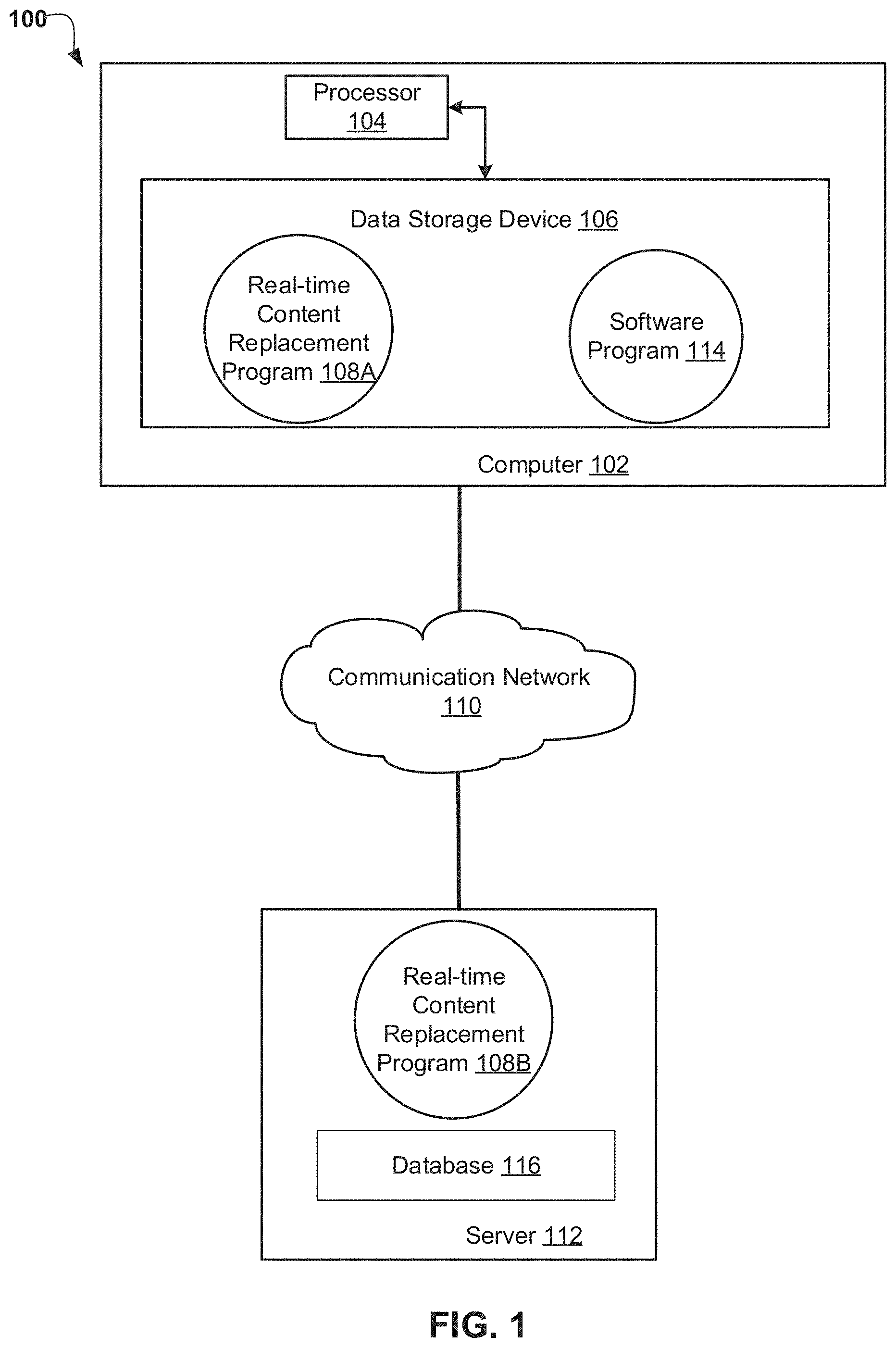 Patent US11785298 — Automatic replacement of media content associated with a real-time broadcast — Figure 1