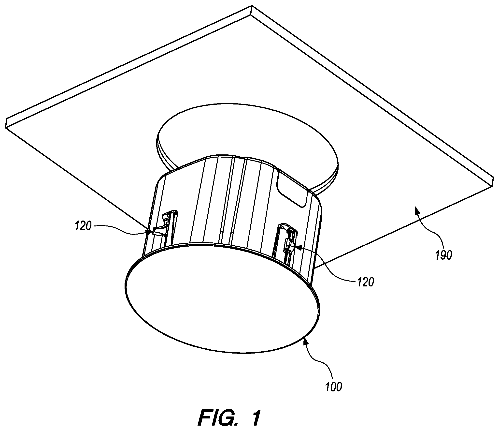 Patent US11785367 Figure 1 – Speaker mount with spring-loaded latch