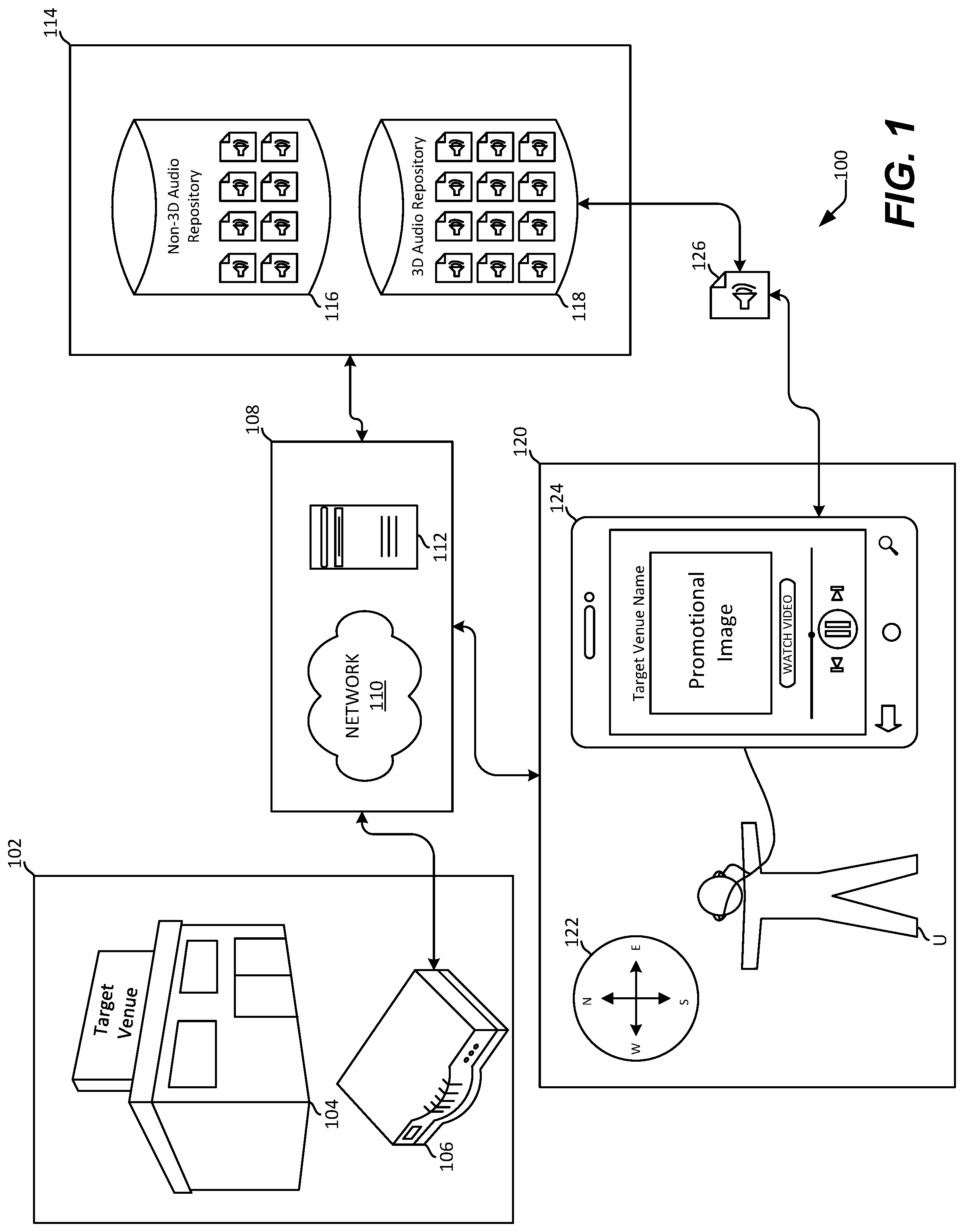 Patent US11785413 — Media content playback based on an identified geolocation of a target venue — Figure 1