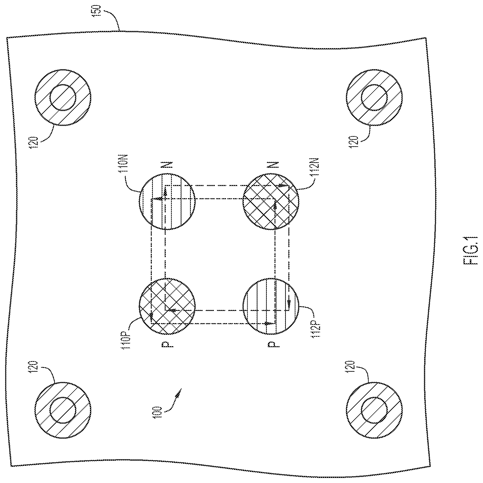 Patent US11785706 — Interlaced crosstalk controlled traces, vias, and capacitors — Figure 1
