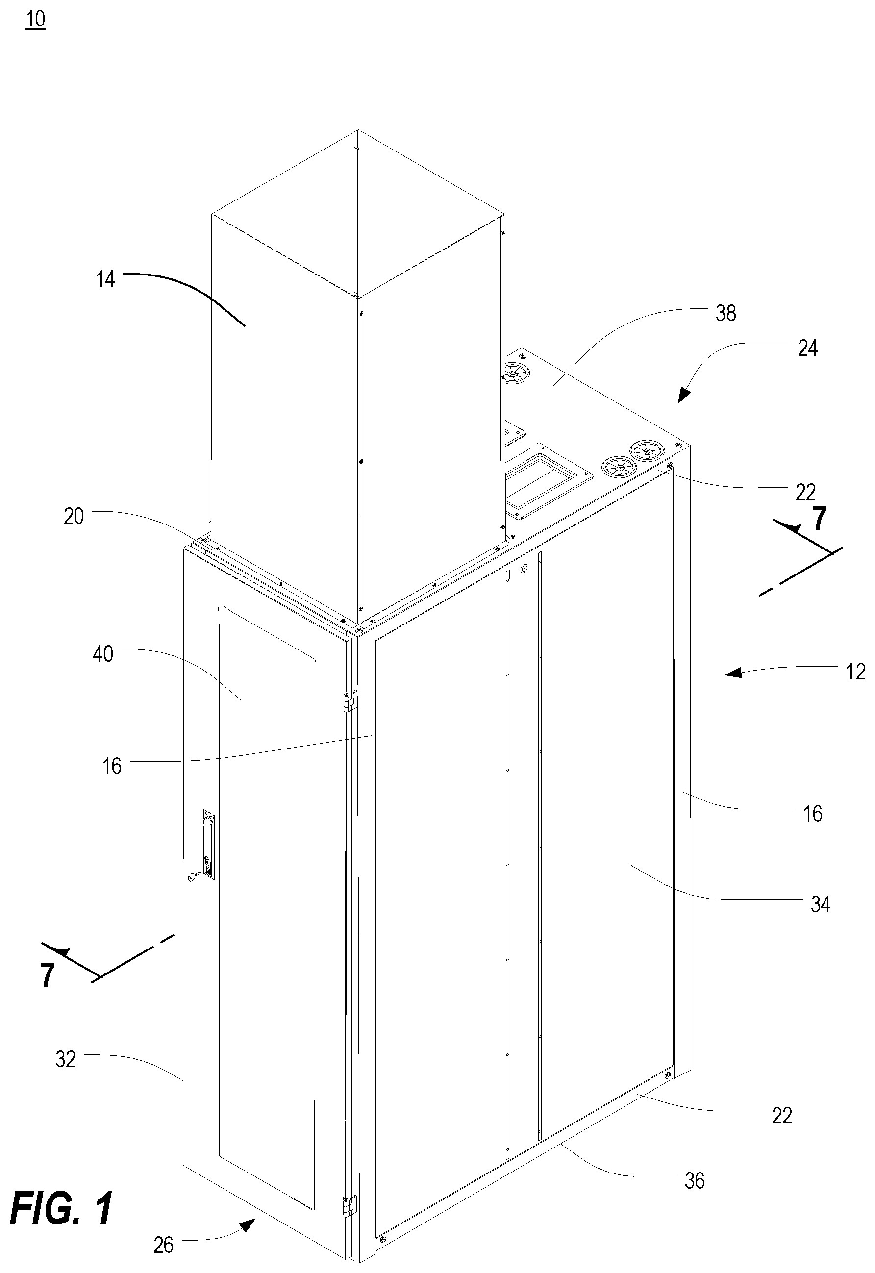 Patent US11785745 Figure 1 – Vertical exhaust duct for electronic equipment enclosure