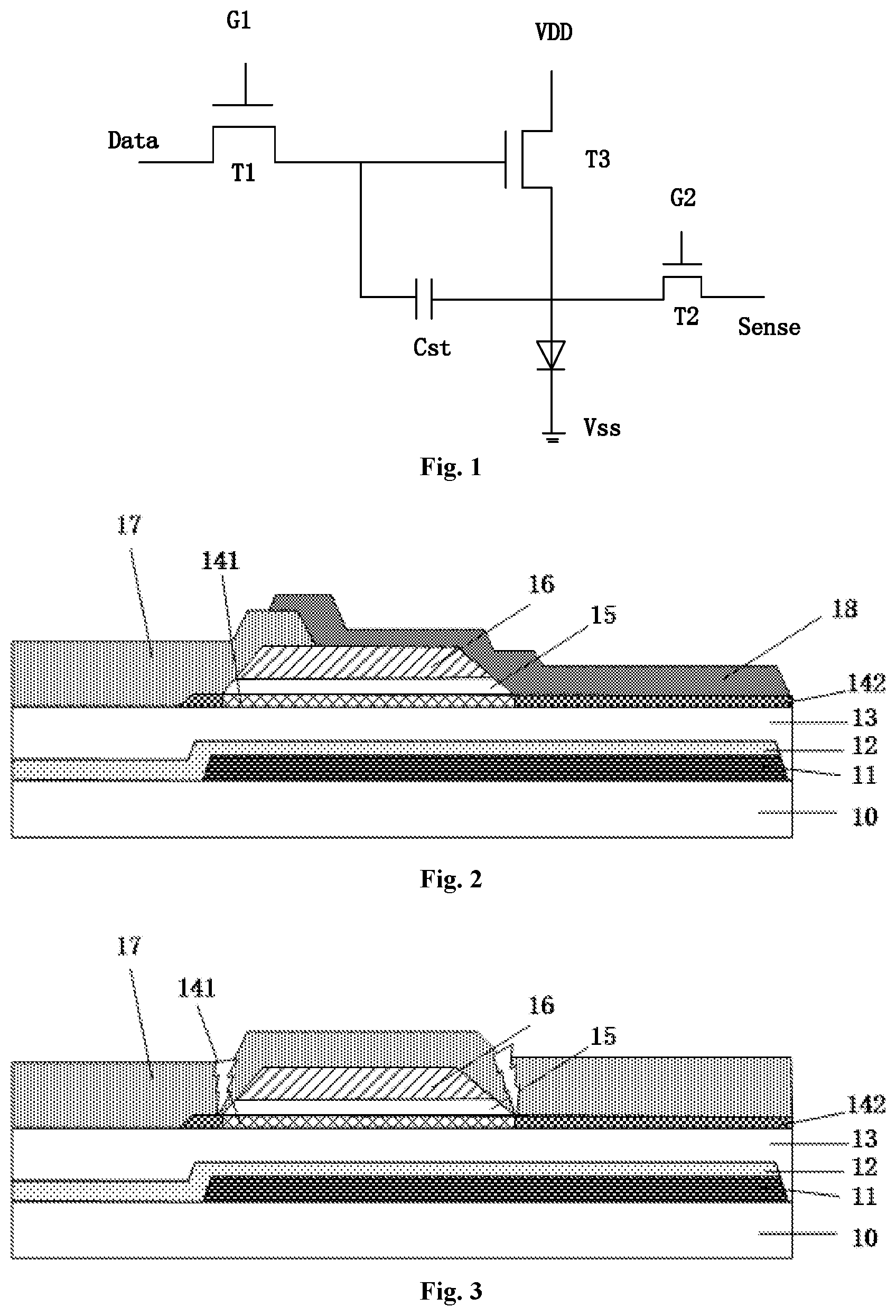 Patent US11785811 — Array substrate comprising an interlay insulation layer including at least two inorganic insulation layers and at least one organic insulation layer laminated one on another — Figure 1