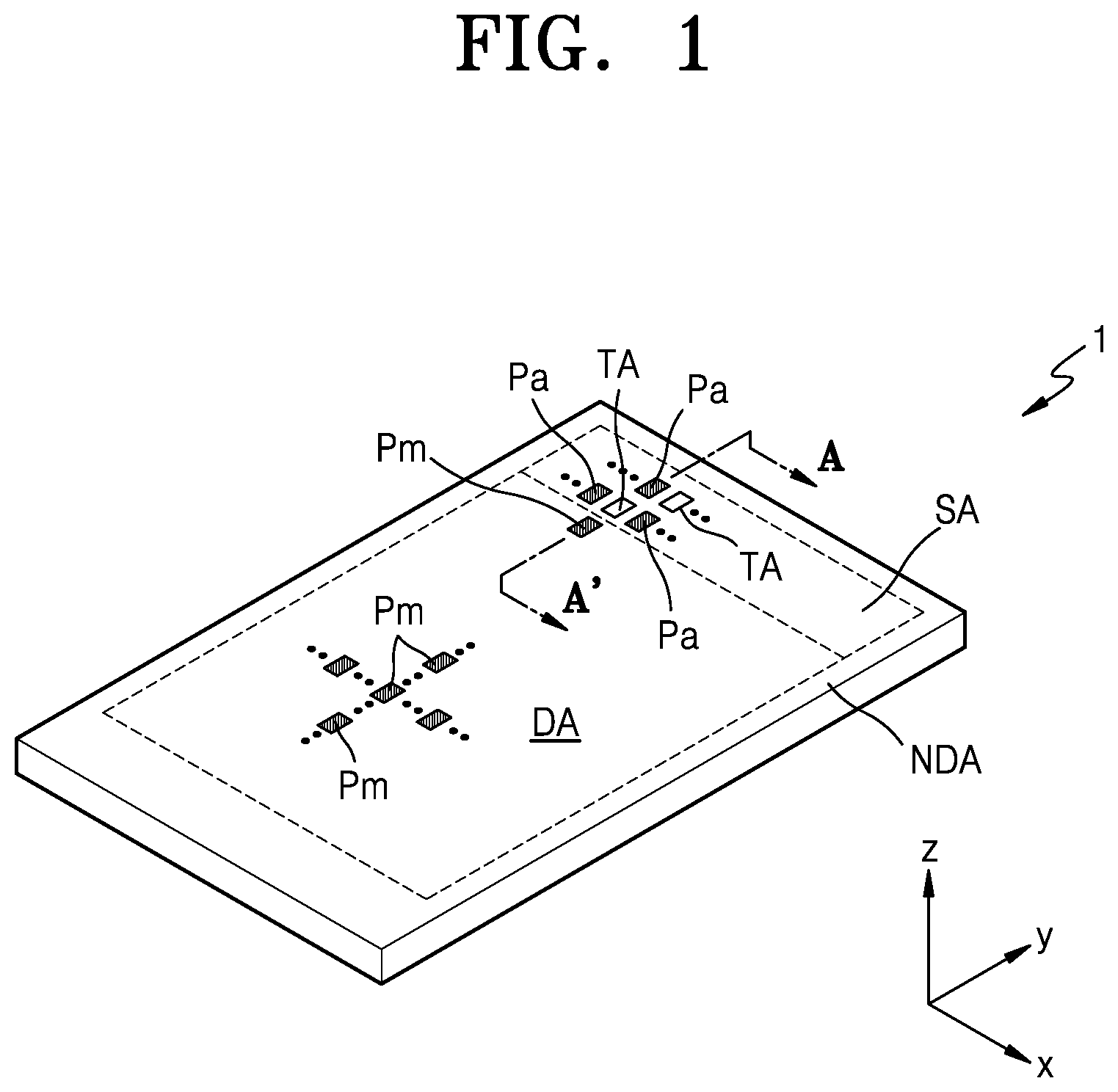 Patent US11785829 — Display apparatus and method of manufacturing the same, the method including depositing different electrode portions by moving a mask — Figure 1