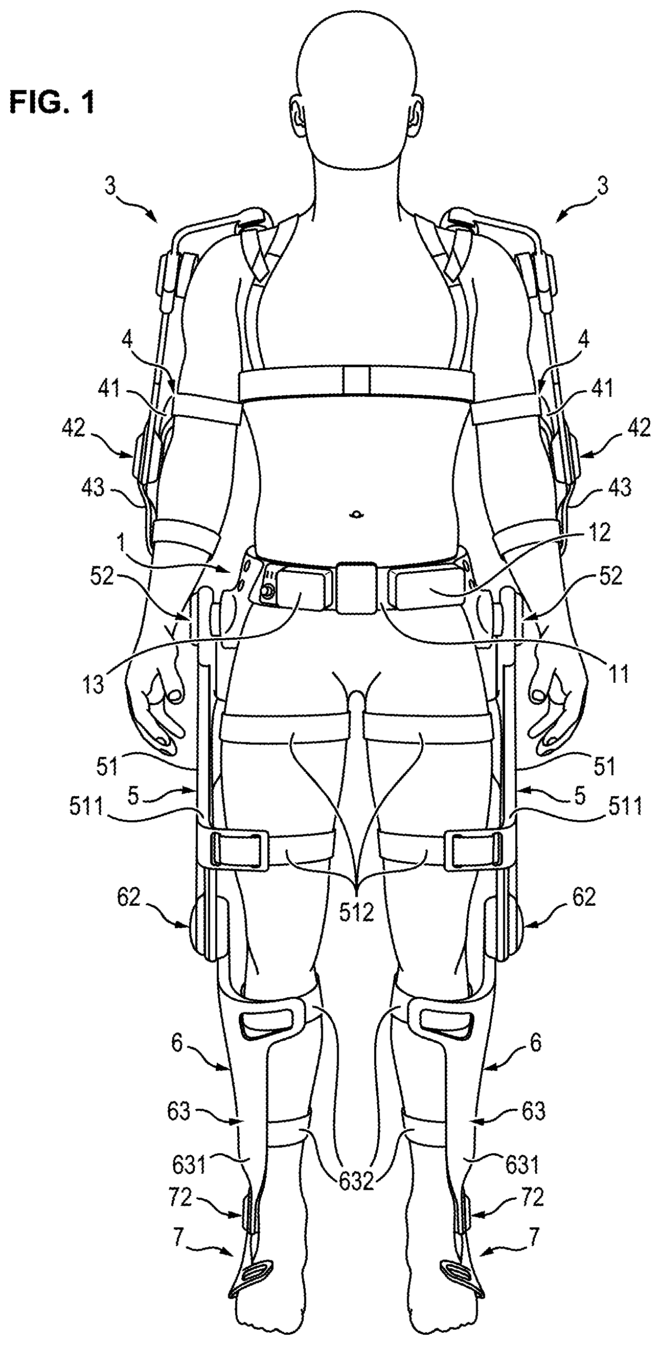 Patent US11787040 — Modular exoskeleton structure that provides force assistance to the user — Figure 1