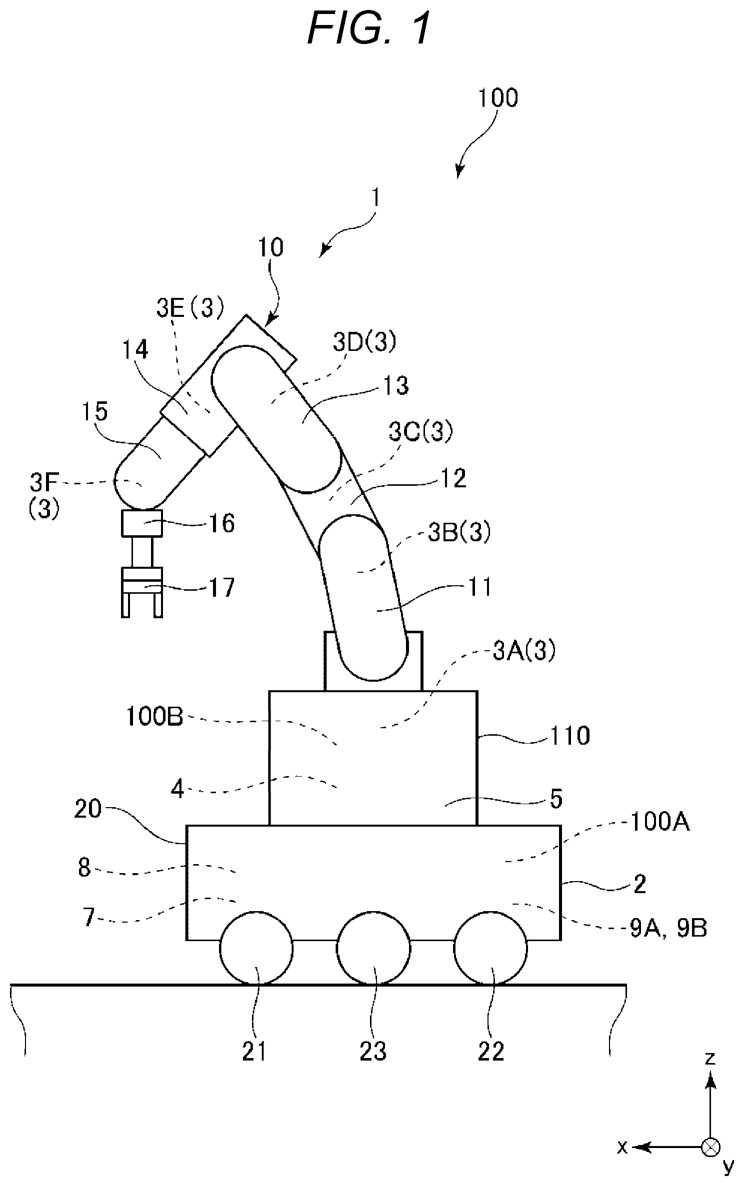 Patent US11787043 — Robot, vehicle for mounting robot, and mobile robot — Figure 1