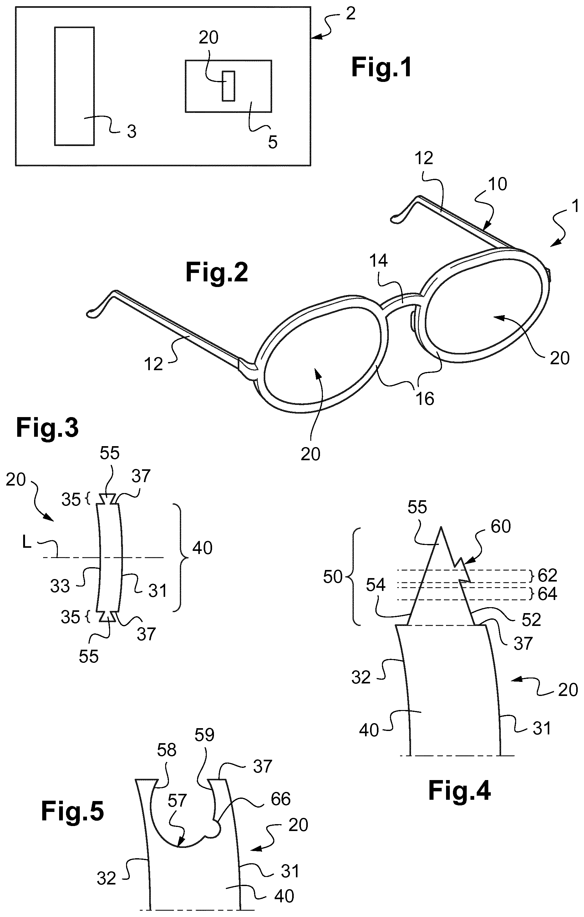 Patent US11787136 — Method for manufacturing an ophthalmic lens to be mounted in a frame, ophthalmic lens, frame and eyeglasses equipment — Figure 1