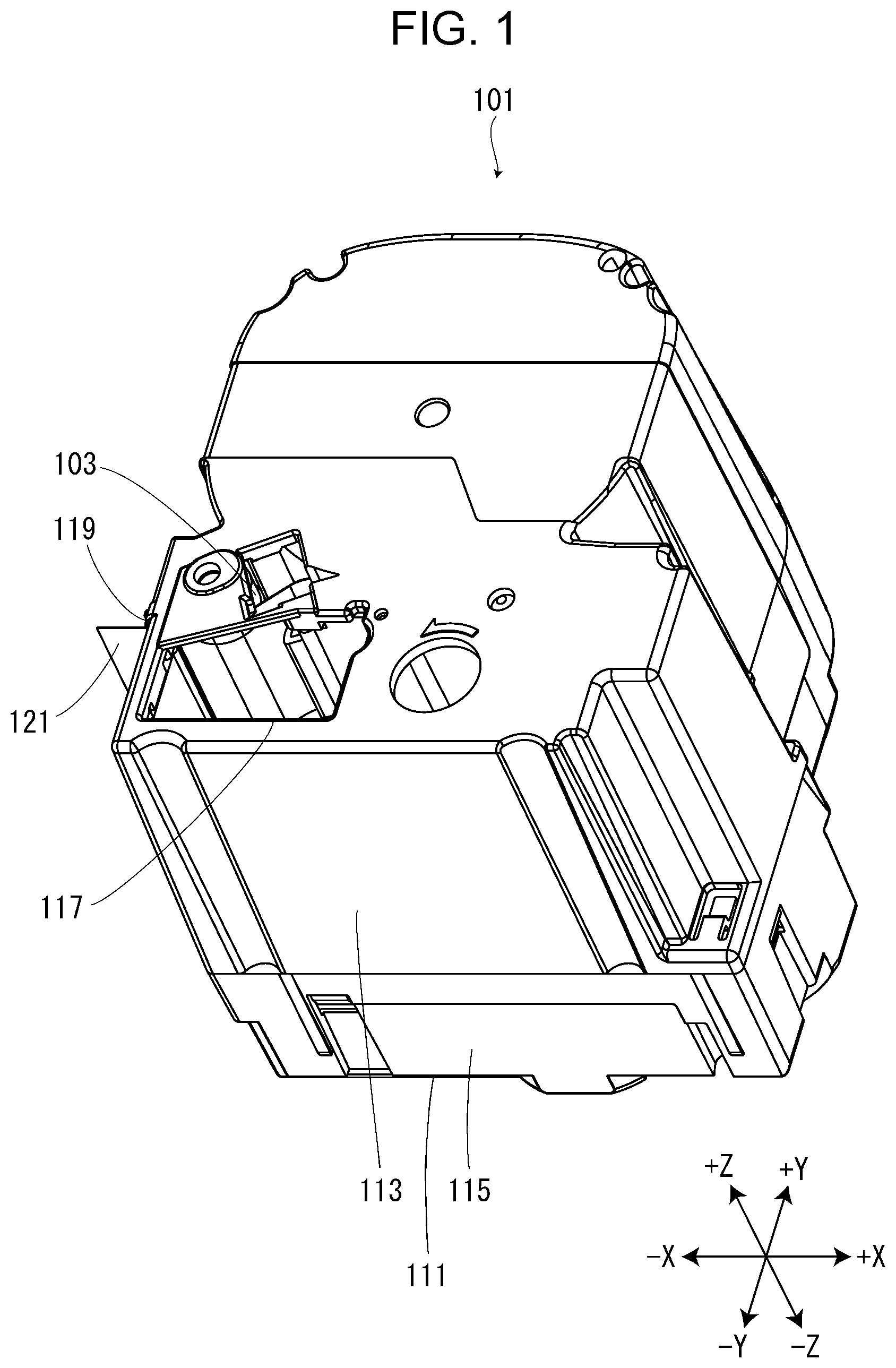 Patent US11787207 — Opening/closing mechanism for opening/closing cover and tape printing device — Figure 1