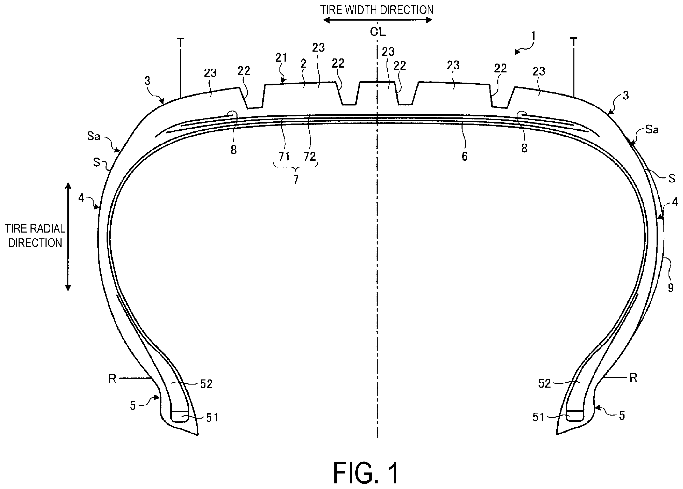 Patent US11787238 — Pneumatic tire — Figure 1