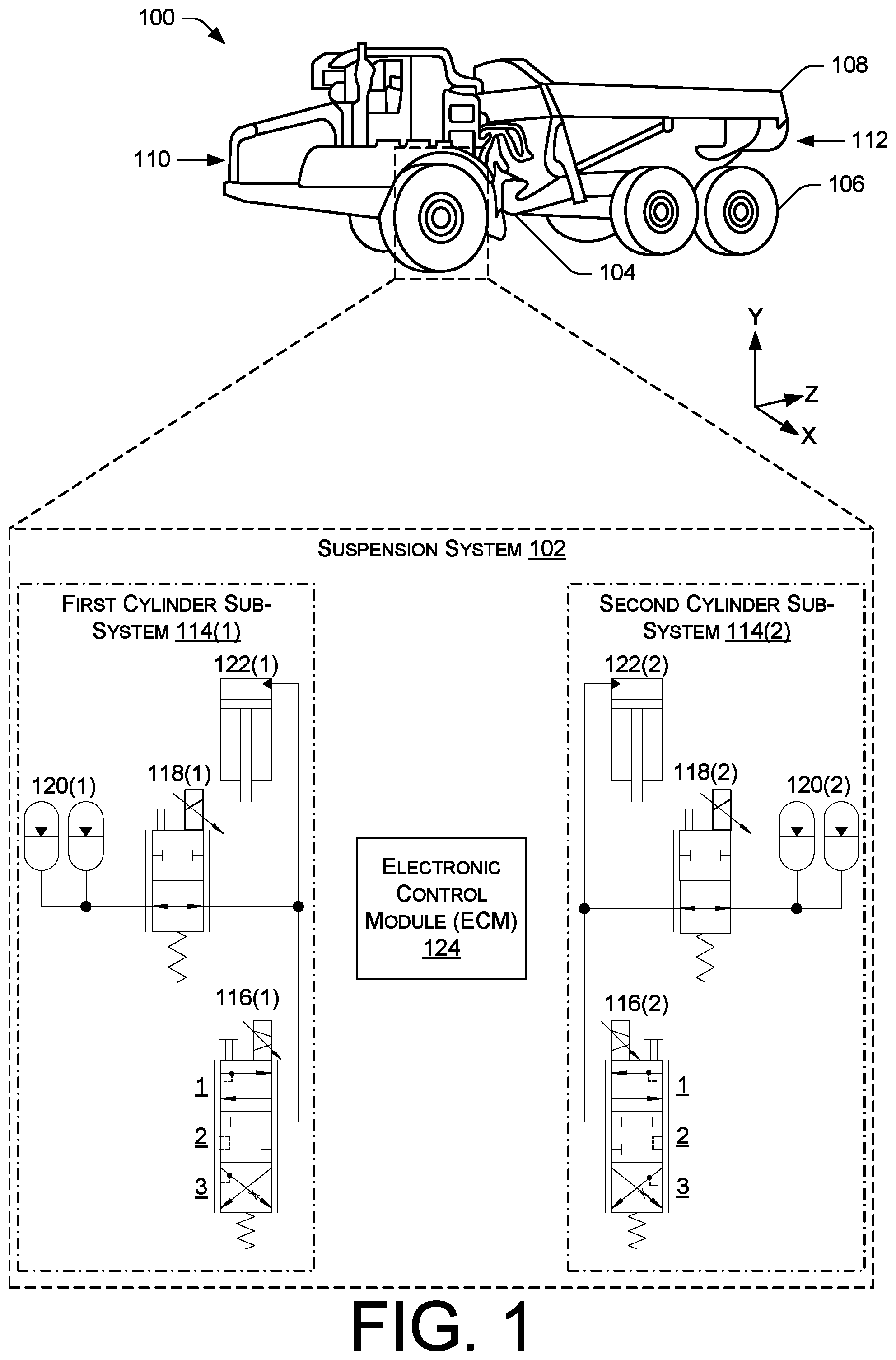 Patent US11787255 — Suspension system with individual ride height and dampening control — Figure 1
