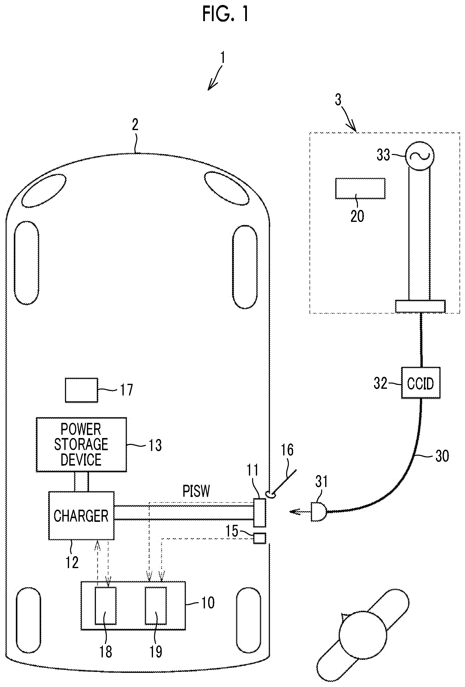 Patent US11787300 — Vehicle and charging system — Figure 1
