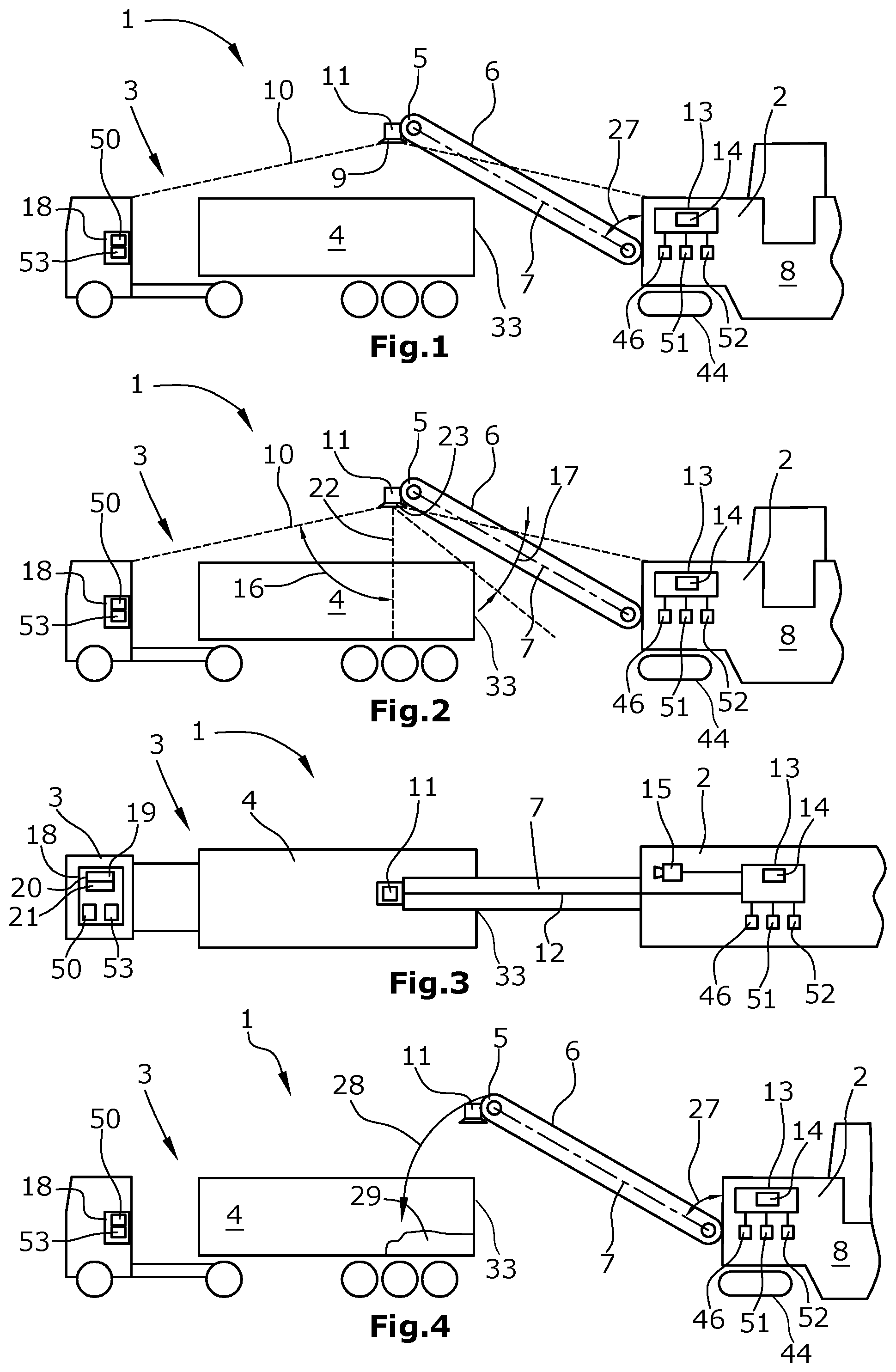 Patent US11787337 Figure 1 – System comprising construction machine, transport vehicle with loading space and image-recording device, and method for displaying an image stream during the loading or unloading of a transport vehicle