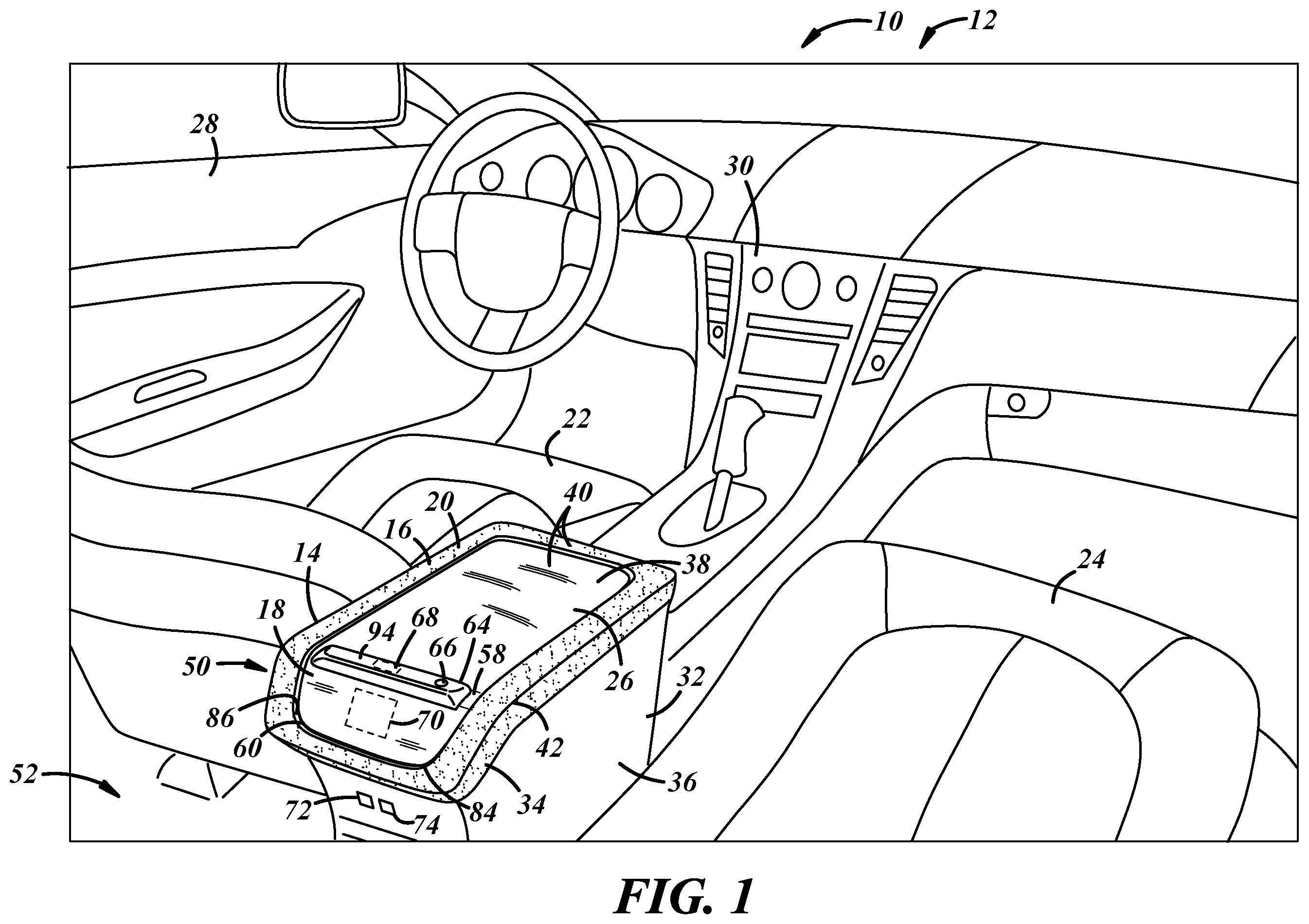 Patent US11787348 — Vehicle interior panel having a docking station for a mobile device — Figure 1
