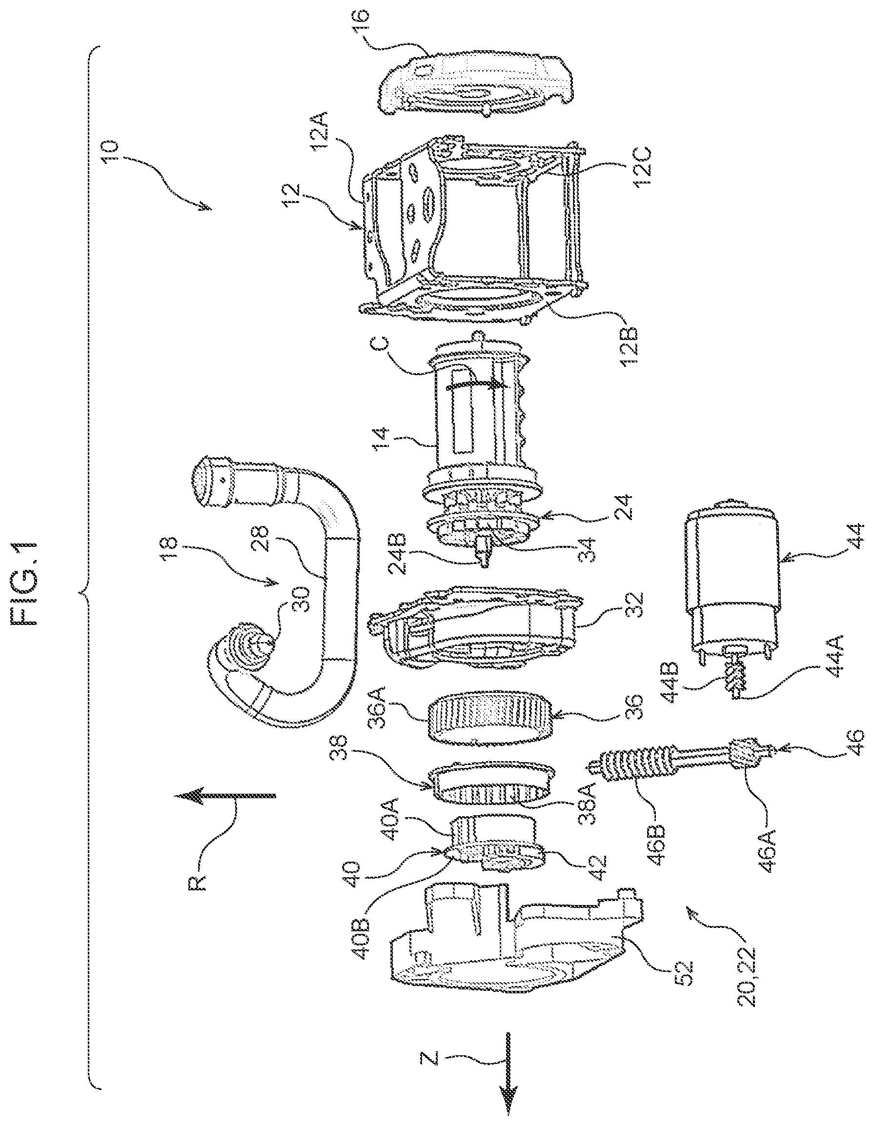 Patent US11787363 — Webbing take-up device — Figure 1