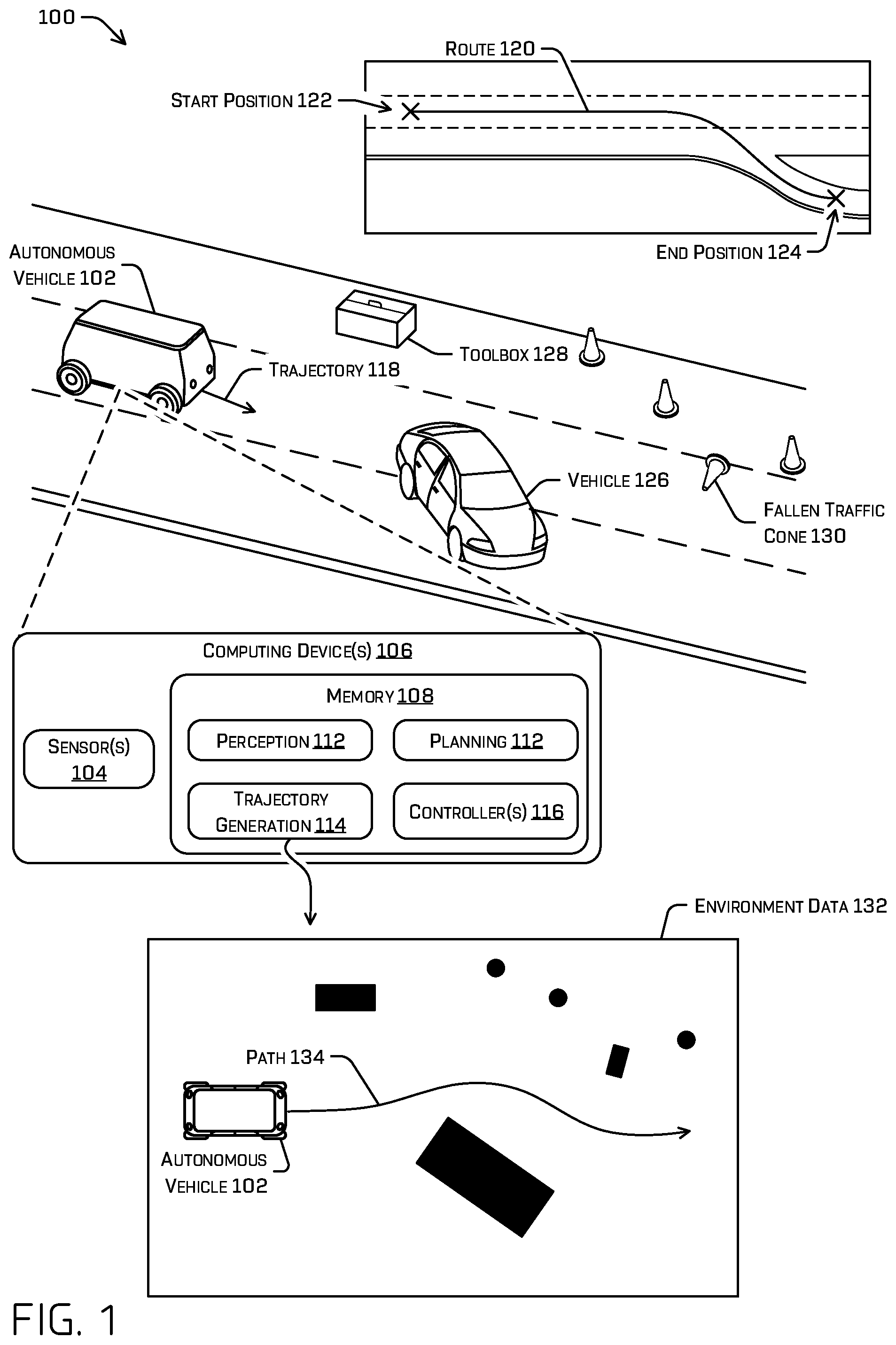 Patent US11787438 — Collaborative vehicle path generation — Figure 1