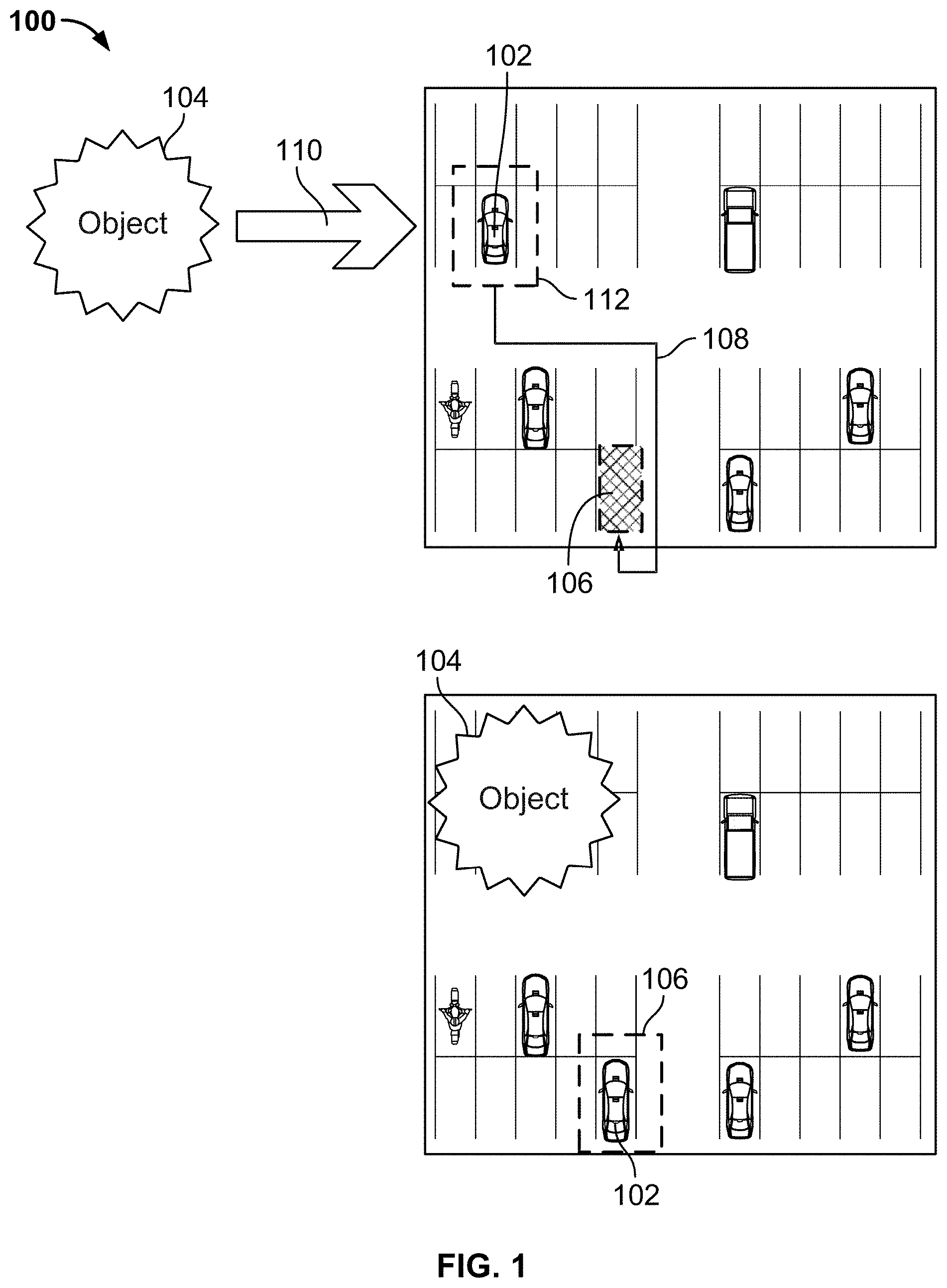 Patent US11787441 Figure 1 – Stationary vehicle impact analysis and decision making