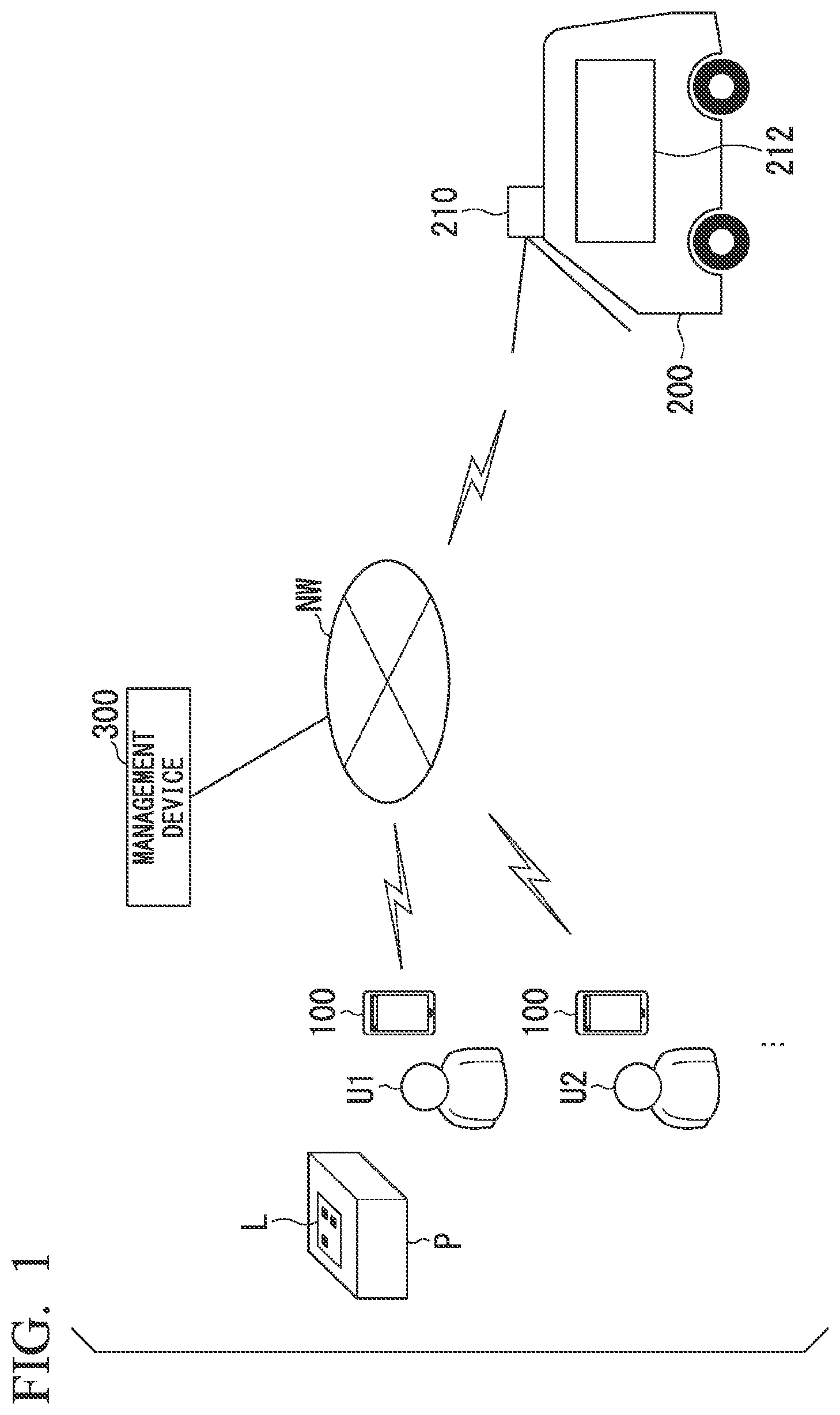 Patent US11787444 — Management device, transportation system, management method, and recording medium — Figure 1