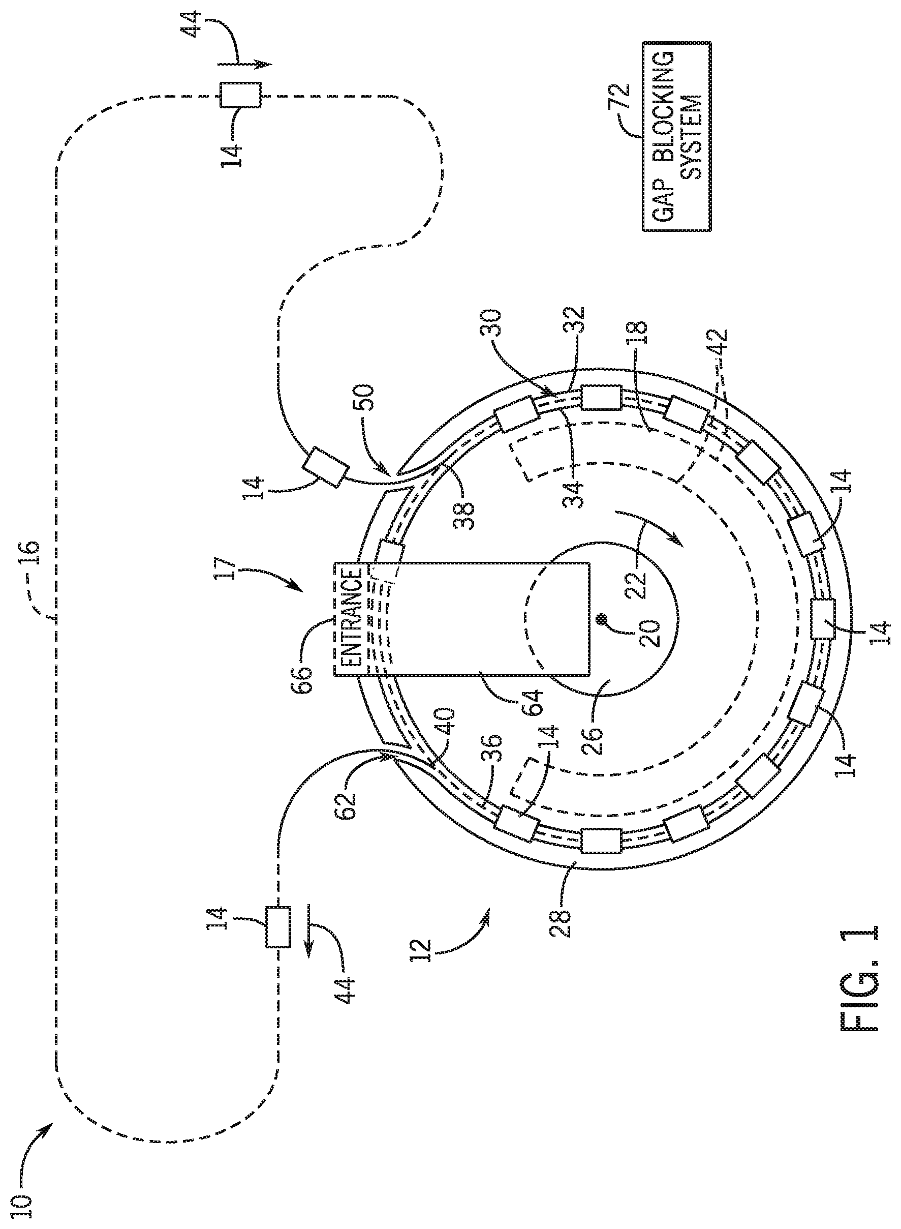 Patent US11787447 — Gap blocking systems and methods for amusement park attractions — Figure 1