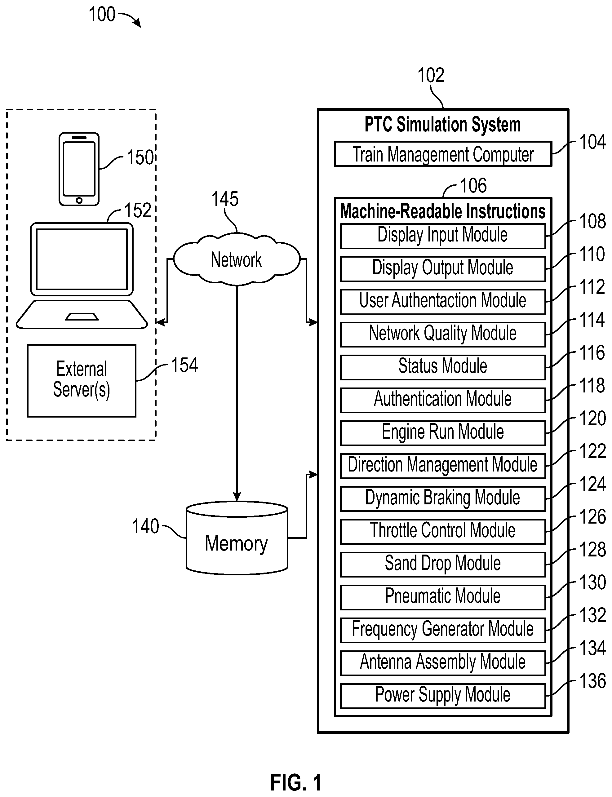 Patent US11787455 Figure 1 – Positive train control simulation system with penalty application and method therefor