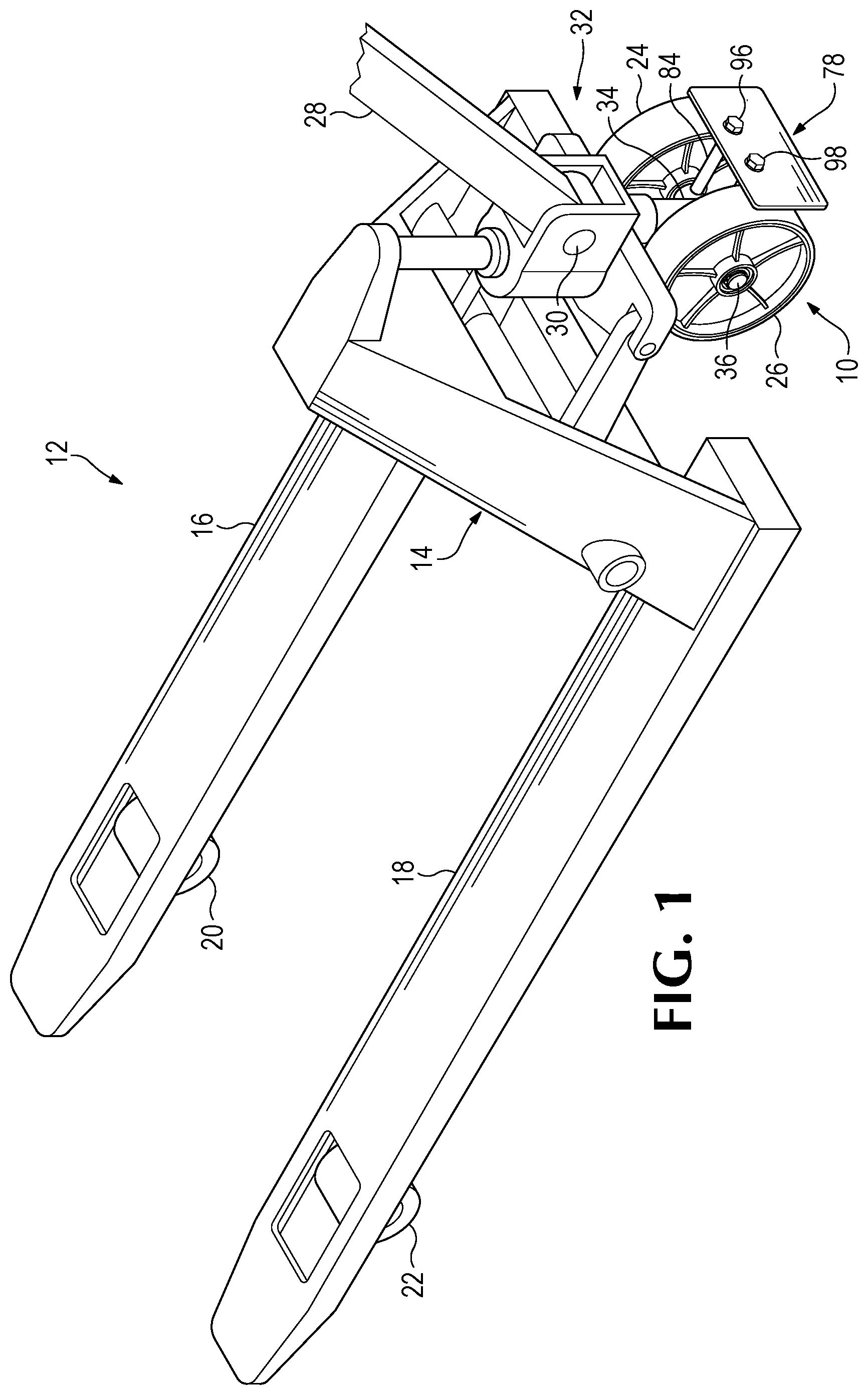 Patent US11787457 — Pallet truck wheel guard assembly — Figure 1