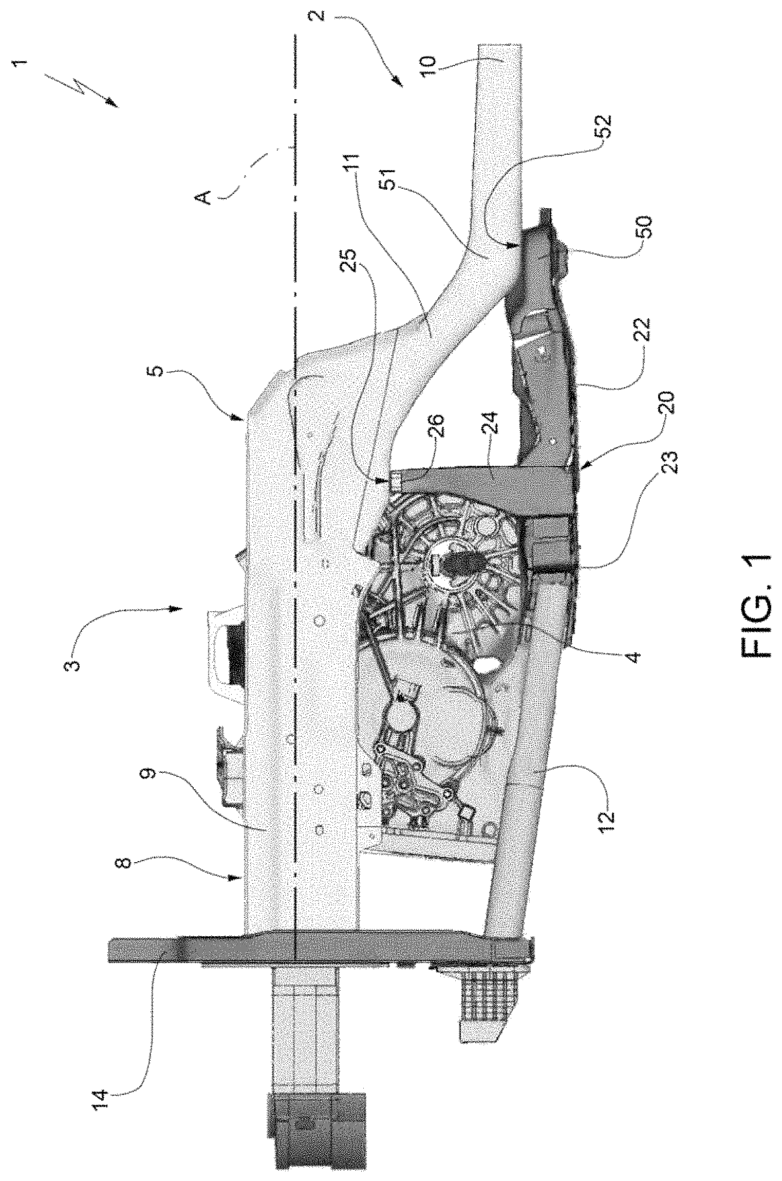 Patent US11787476 — Motor vehicle provided with a release system to detach a crossbar in the engine compartment in the event of a frontal collision — Figure 1