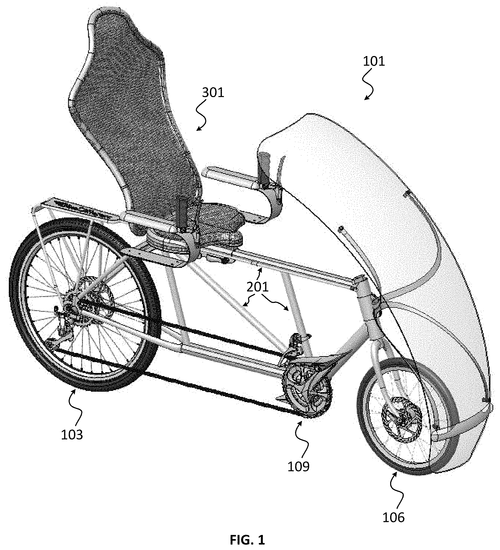 Patent US11787497 Figure 1 – Semi-recumbent bicycle with integrated seat and steering system
