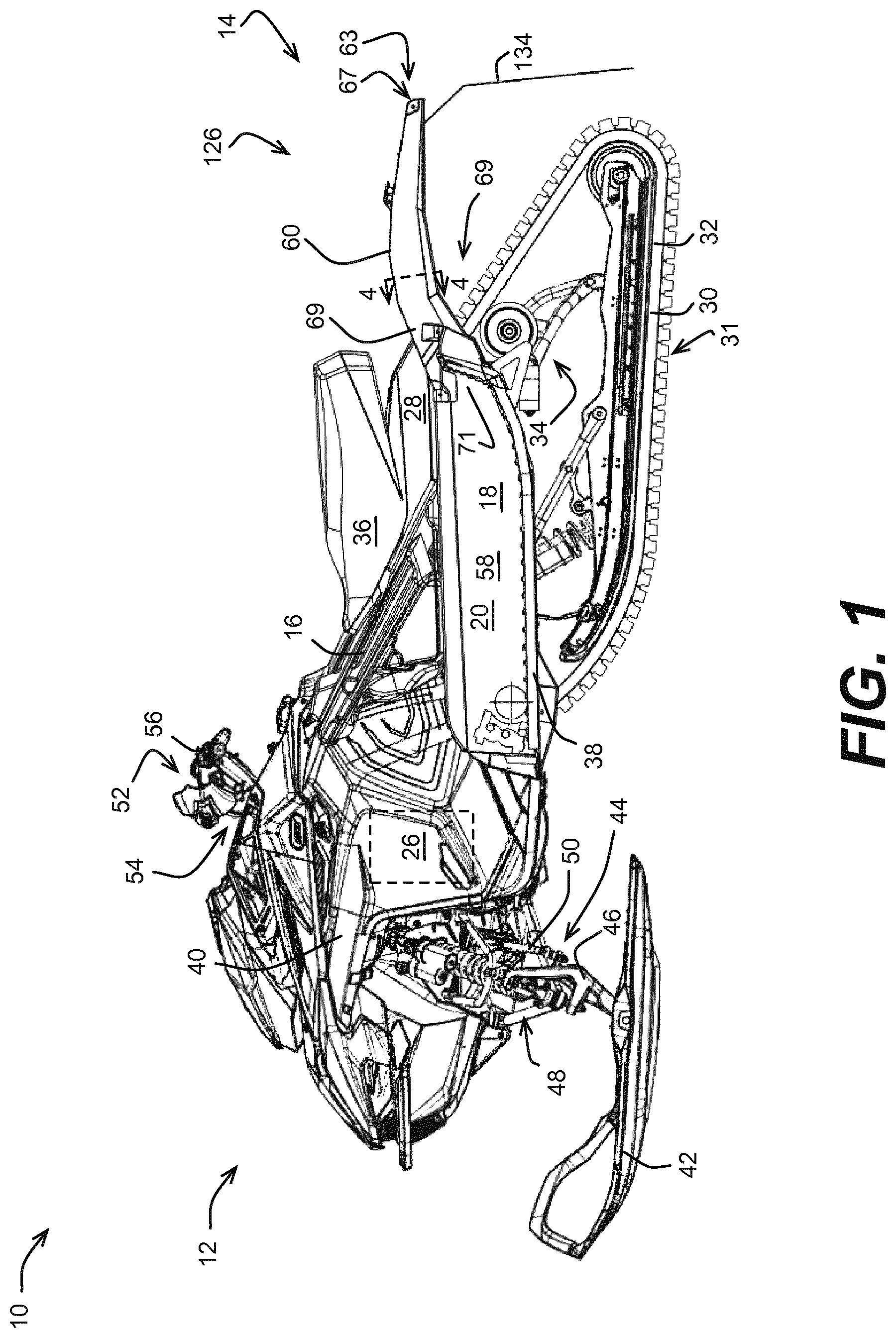 Patent US11787509 Figure 1 – Snowmobile with a tunnel having a bendable portion