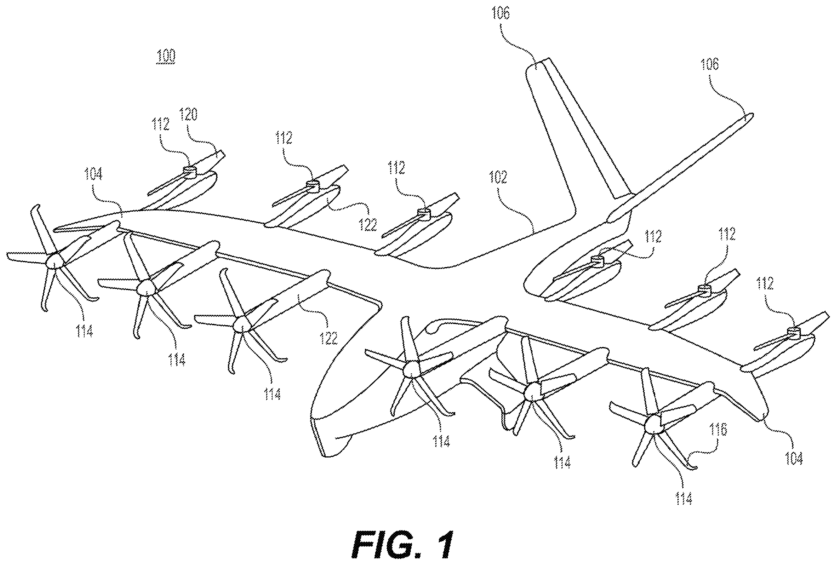 Patent US11787551 — Vertical takeoff and landing aircraft electric engine configuration — Figure 1